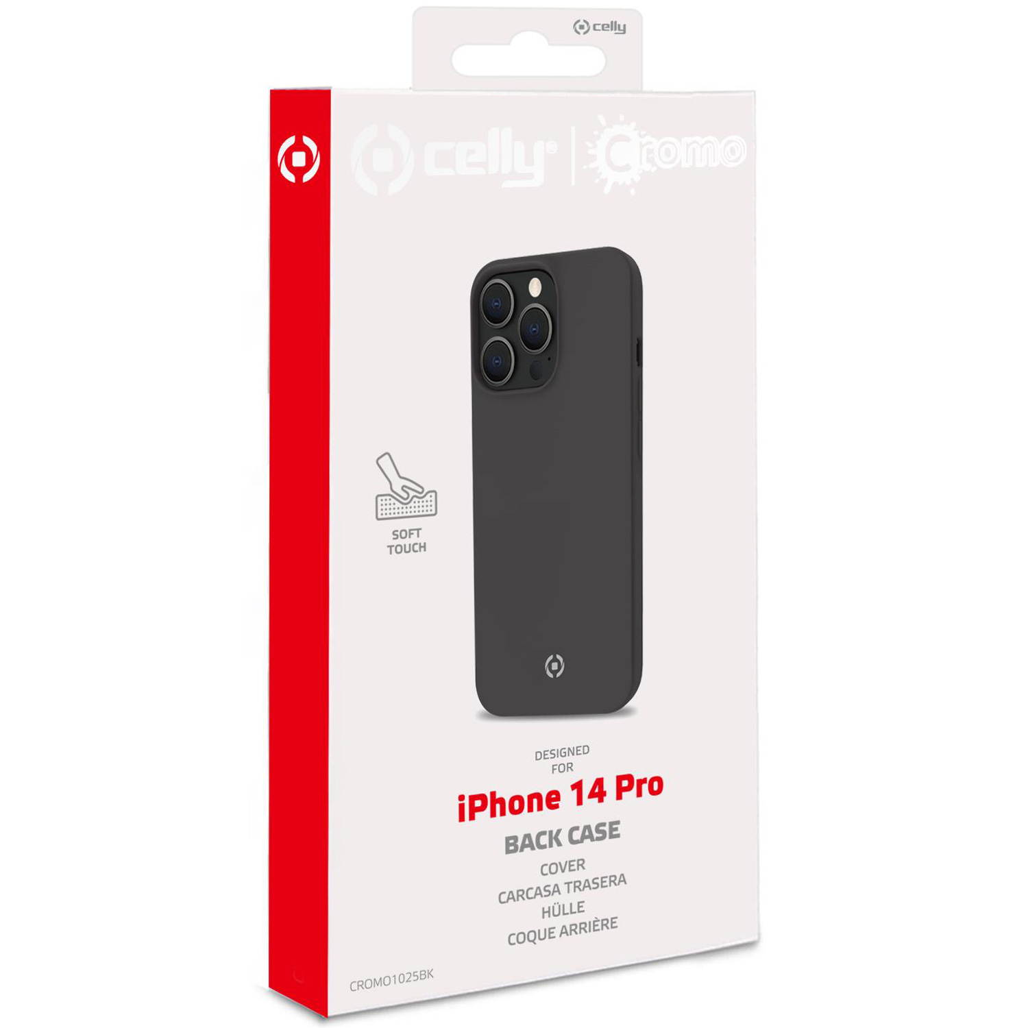 Custodia nera per iPhone 14 Pro in una scatola bianca. Testo soft touch. Sfondo bianco.