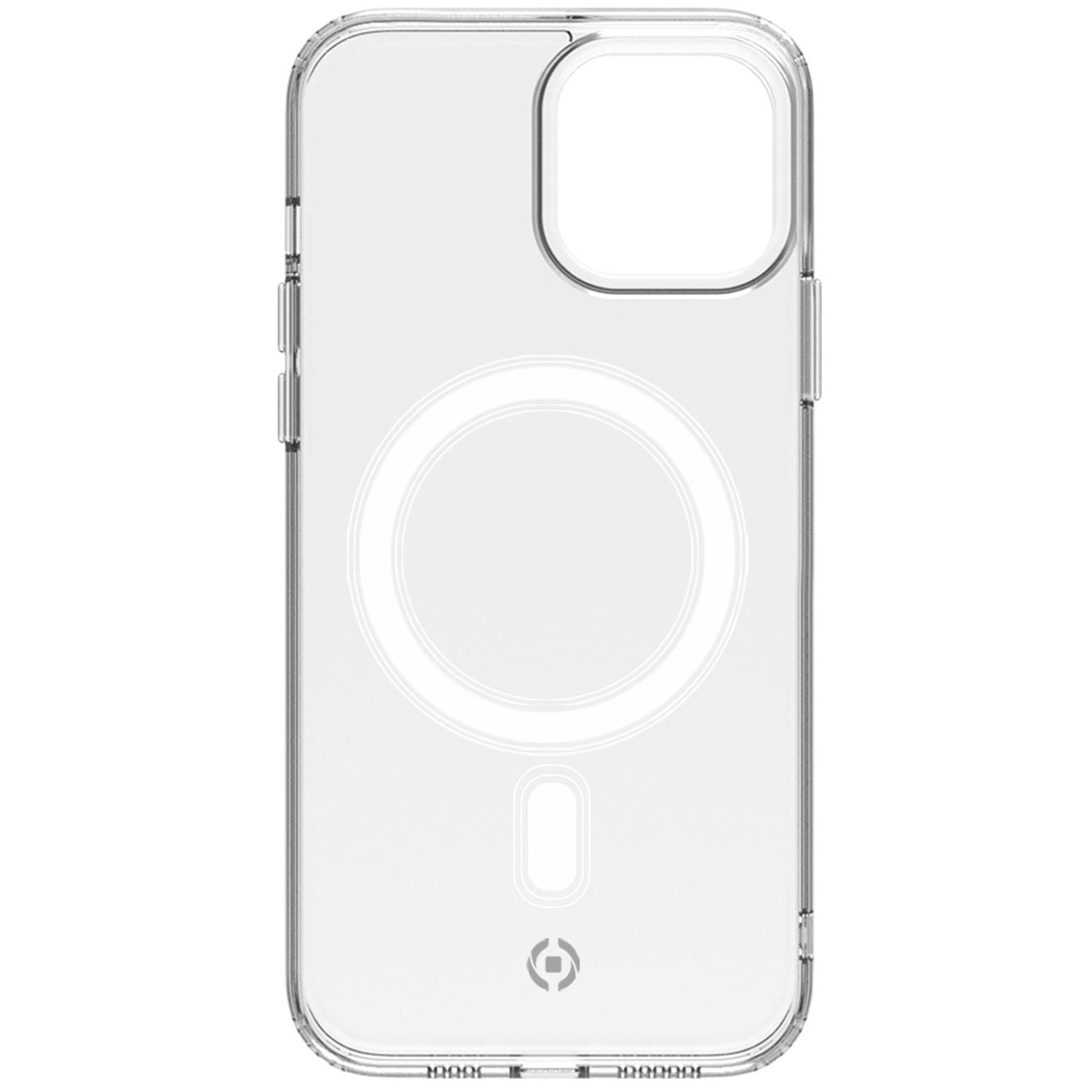 Custodia per telefono trasparente, con un anello bianco al centro, su sfondo bianco.