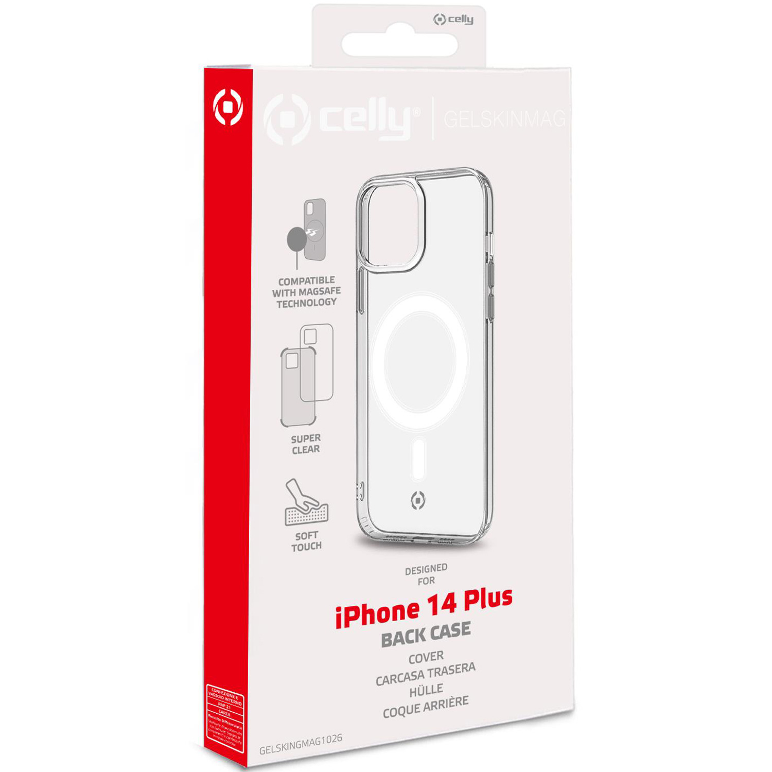 Una scatola per custodia del telefono con una custodia trasparente visibile e testo descrittivo.