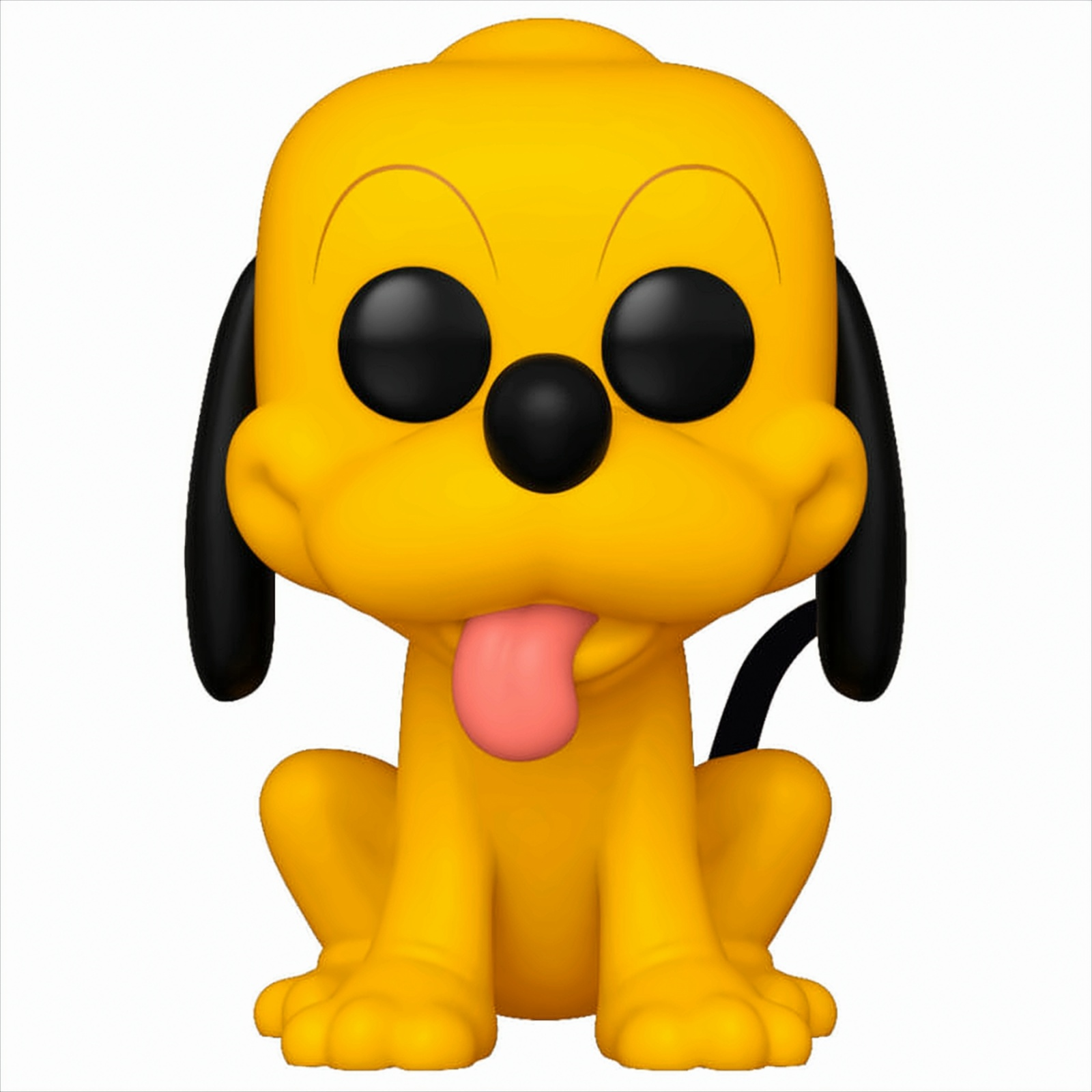 Statuetta di Pluto seduto, corpo giallo, orecchie nere, lingua fuori. Sfondo bianco.