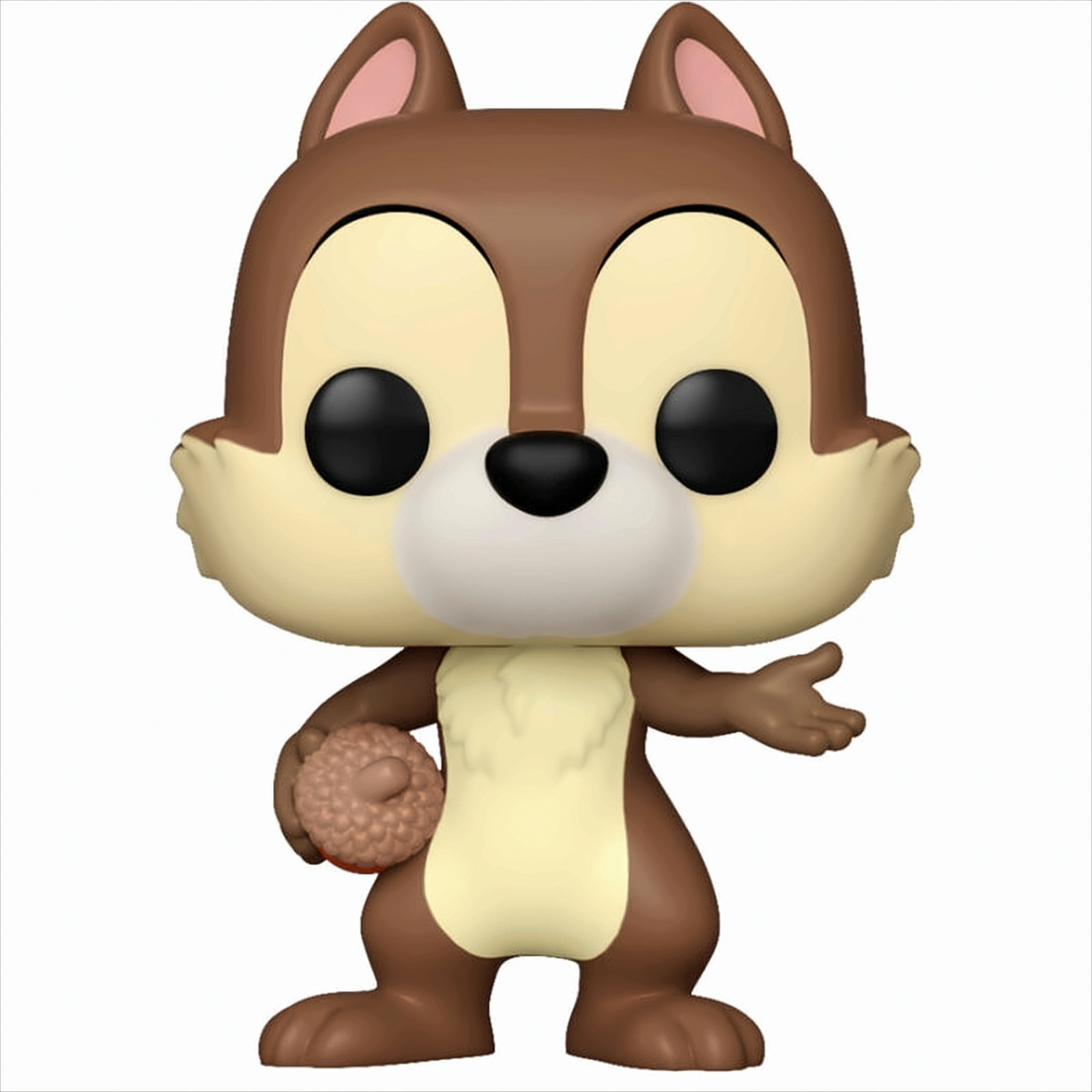 Chip, eine braune Cartoon-Chipmunk-Figur, die eine Eichel hält, auf einer weißen Oberfläche stehend.