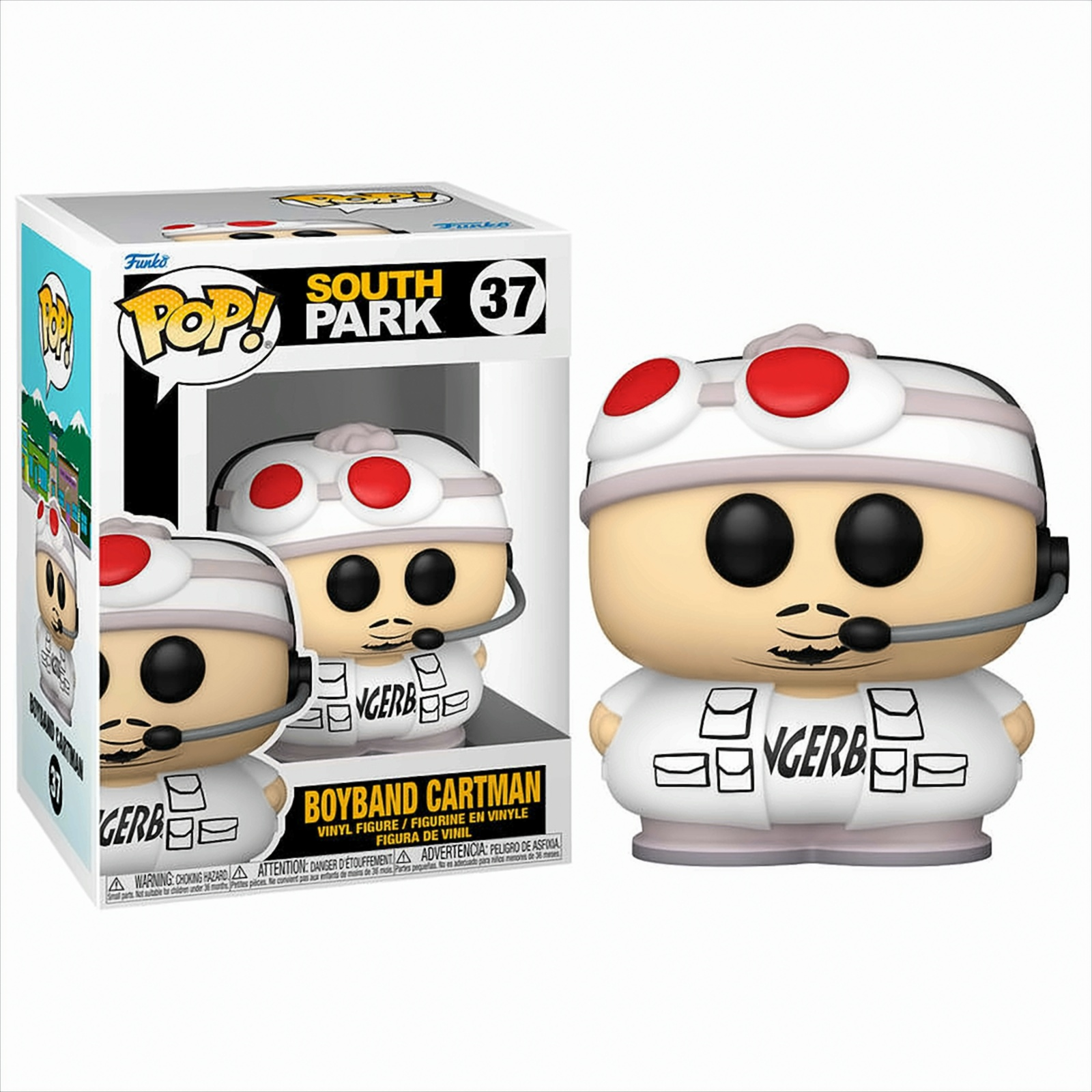 Funko Pop Figur von Boyband Cartman aus South Park, neben der Box stehend.
