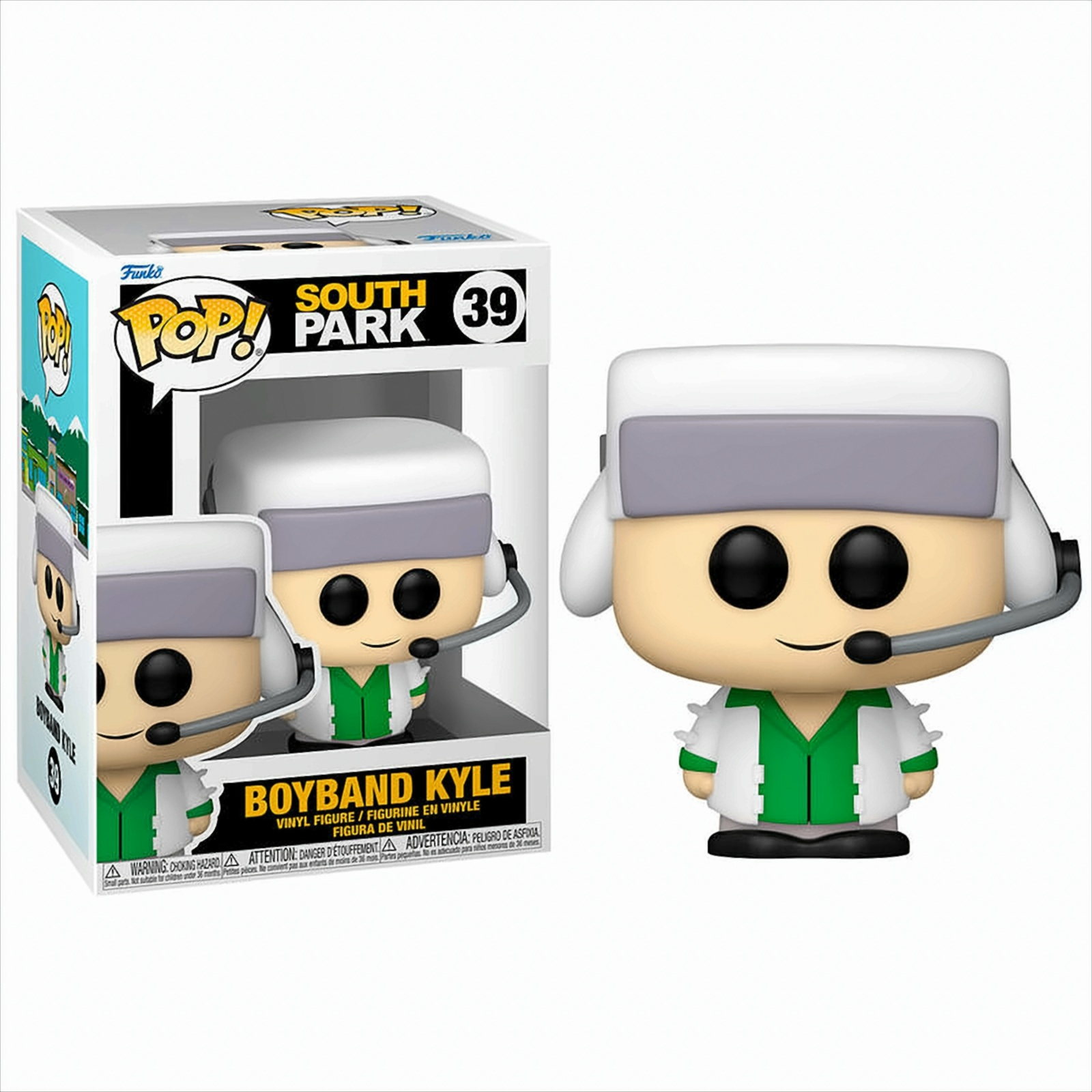 South Park Boyband Kyle Funko Pop in scatola e fuori, sfondo bianco.