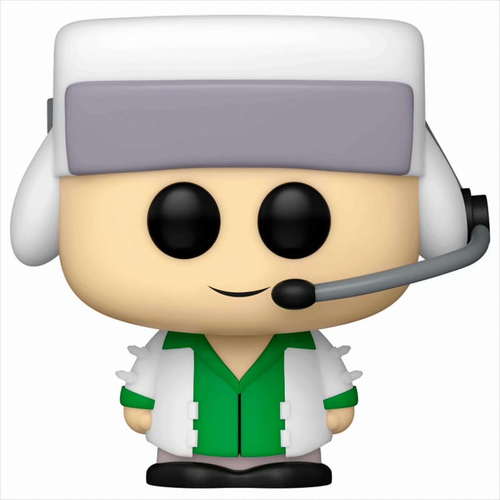 Una figura Funko Pop di un personaggio con cuffie e camice da laboratorio, sorridente.