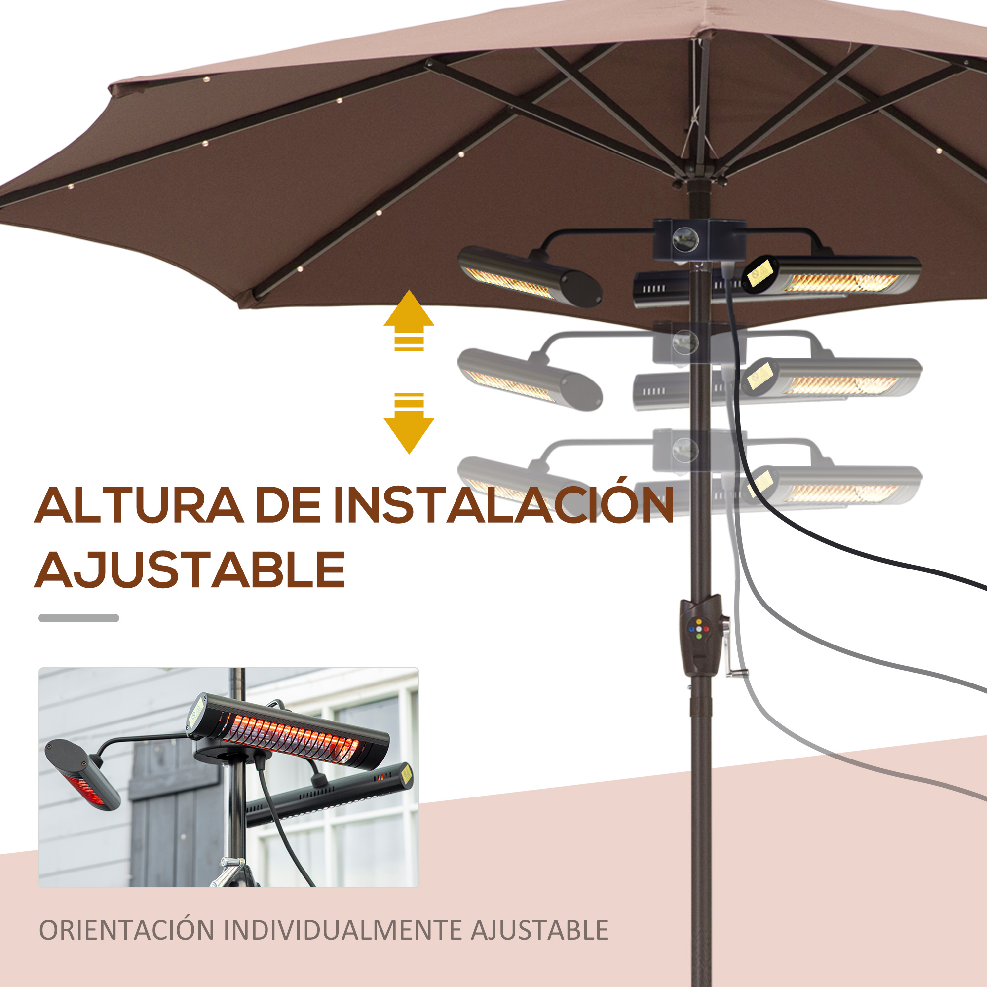 Una sombrilla exterior ajustable con elementos calefactores. Texto en español indica instalación y orientación ajustables.