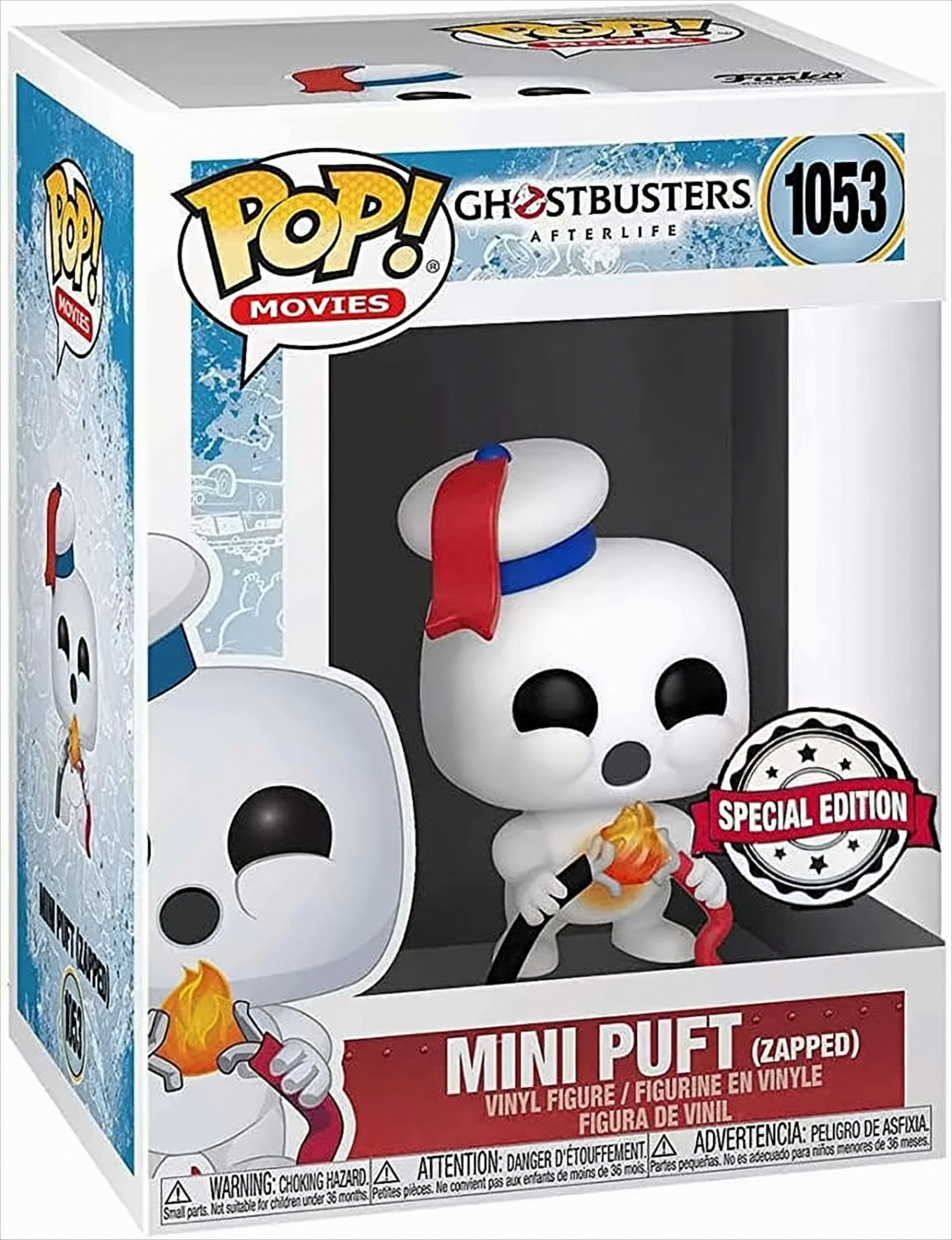 Una figura di Ghostbusters Mini Puft in una scatola. Tiene una fiamma. Edizione speciale.