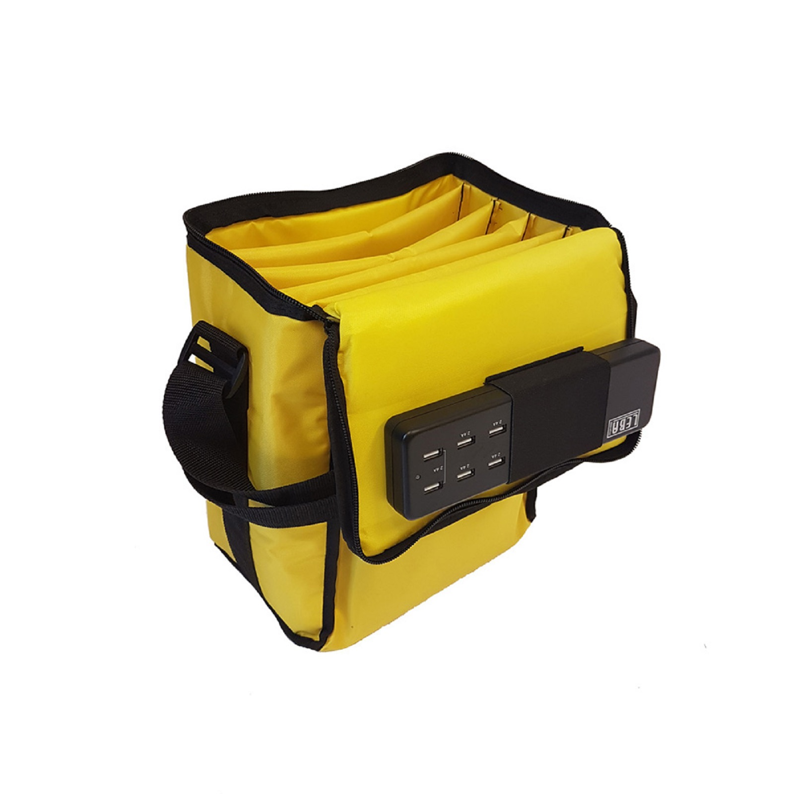 Gelbe Tasche mit mehreren Fächern und Ladestation.