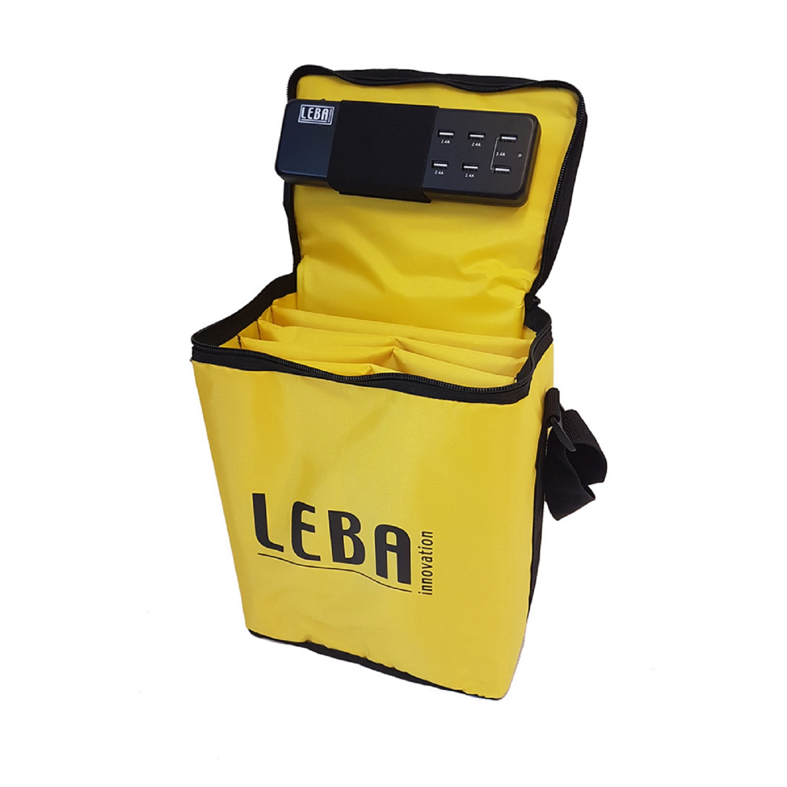 Gelbe Tasche mit LEBA-Logo, offen. Ein schwarzes Gerät mit USB-Anschlüssen ist innen sichtbar.