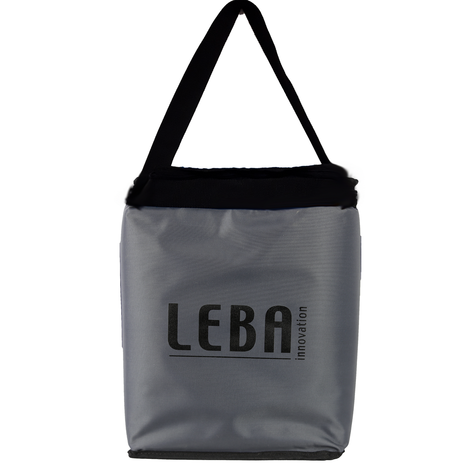 Eine graue LEBA Innovation Tasche mit schwarzem Riemen.