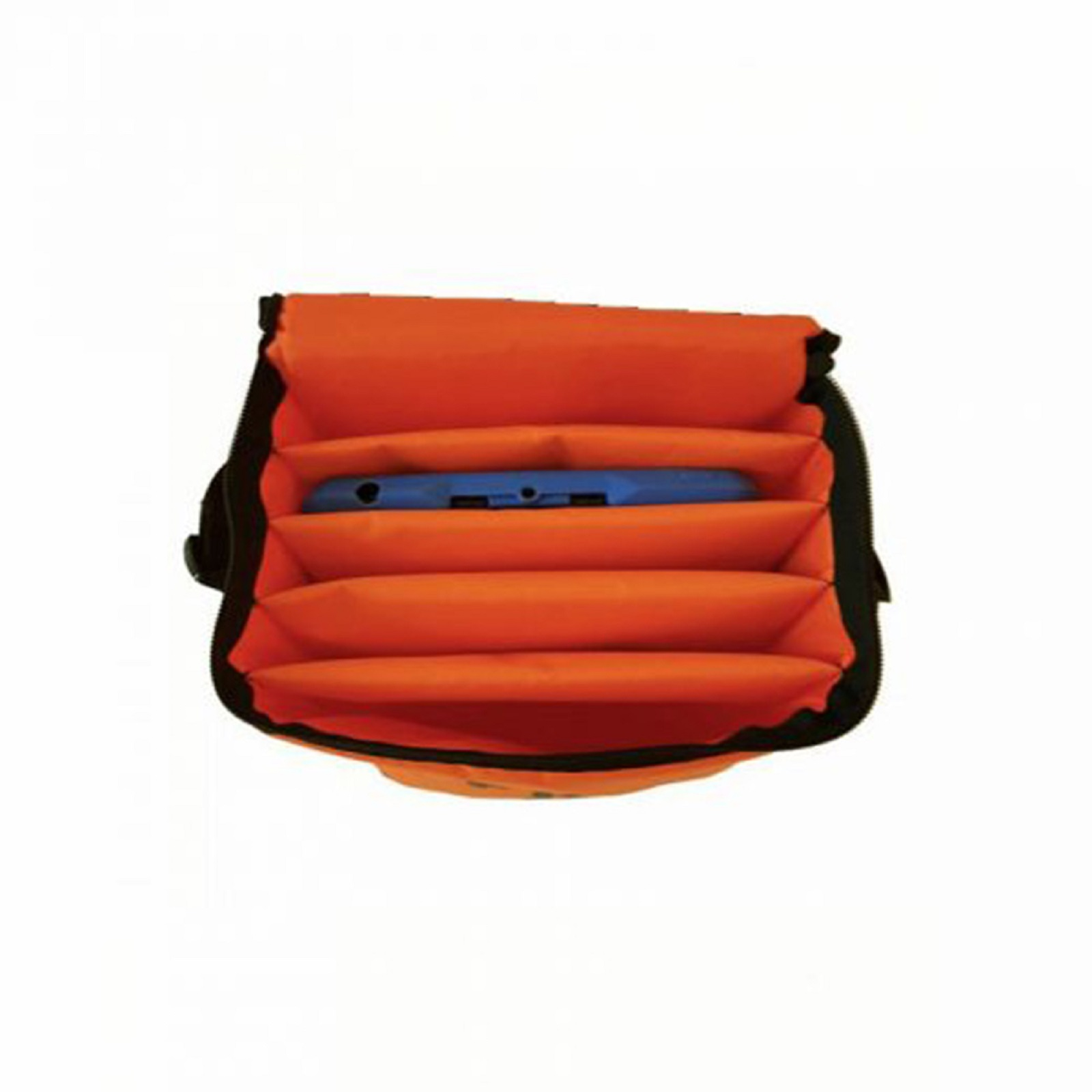 Orangene Tasche offen mit einem blauen Tablet.