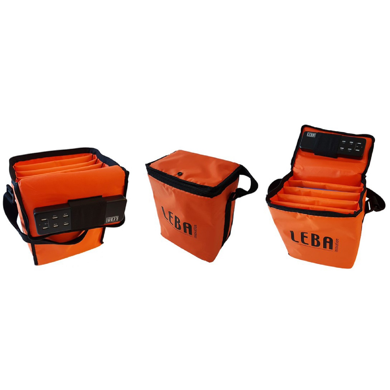 Drei orangefarbene LEBA-Taschen, eine geschlossen, eine offen und eine mit Controller, alle auf weißem Hintergrund.