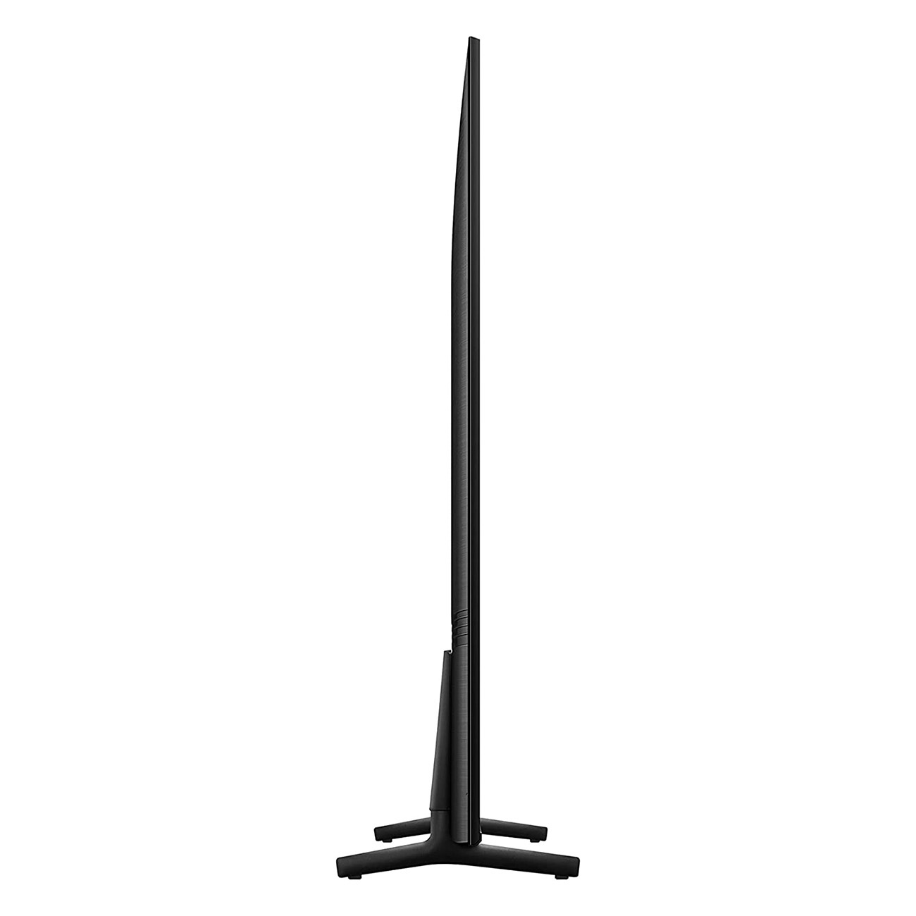 Widok z boku czarnego telewizora. Jest zamontowany na stojaku.