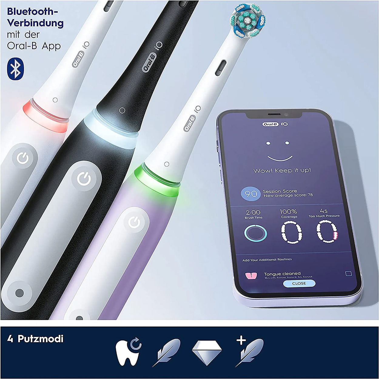 Elektryczne szczoteczki do zębów i telefon z aplikacją Oral-B. Telefon pokazuje wynik i czas szczotkowania.