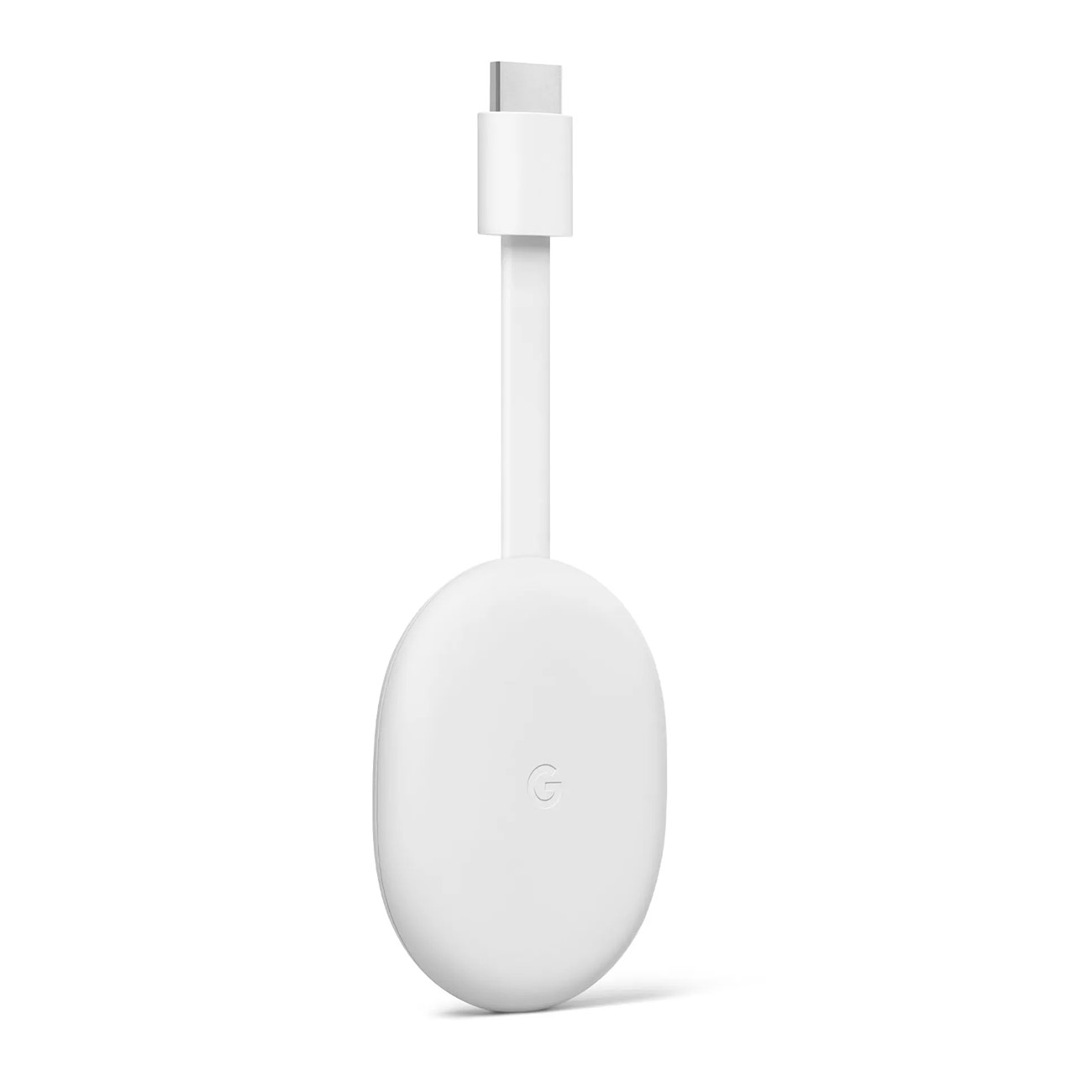 Weißes Google Chromecast-Gerät mit USB-C-Anschluss.