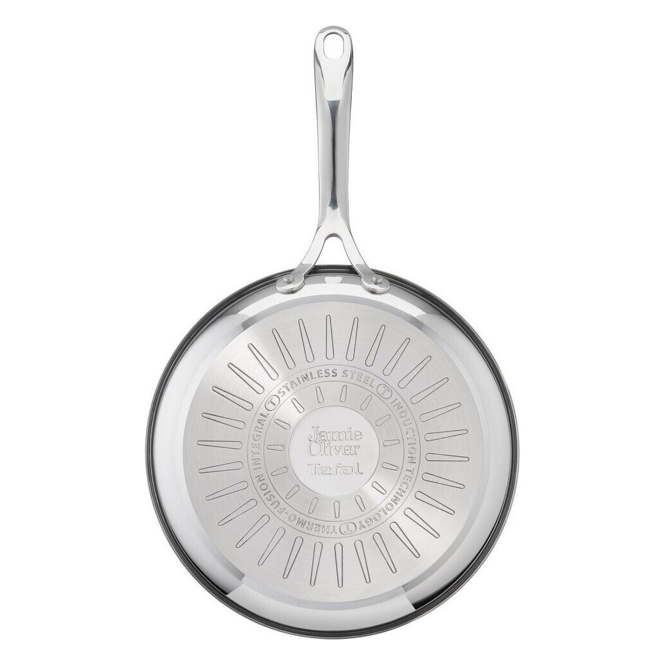 Unteransicht einer Edelstahl-Bratpfanne mit Griff und Jamie-Oliver-Logo.