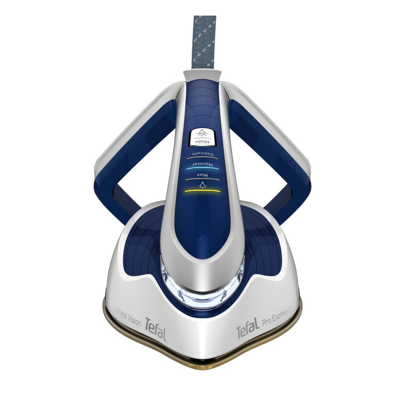 Biało-niebieskie żelazko z różnymi trybami. Widok z góry, na białym tle.