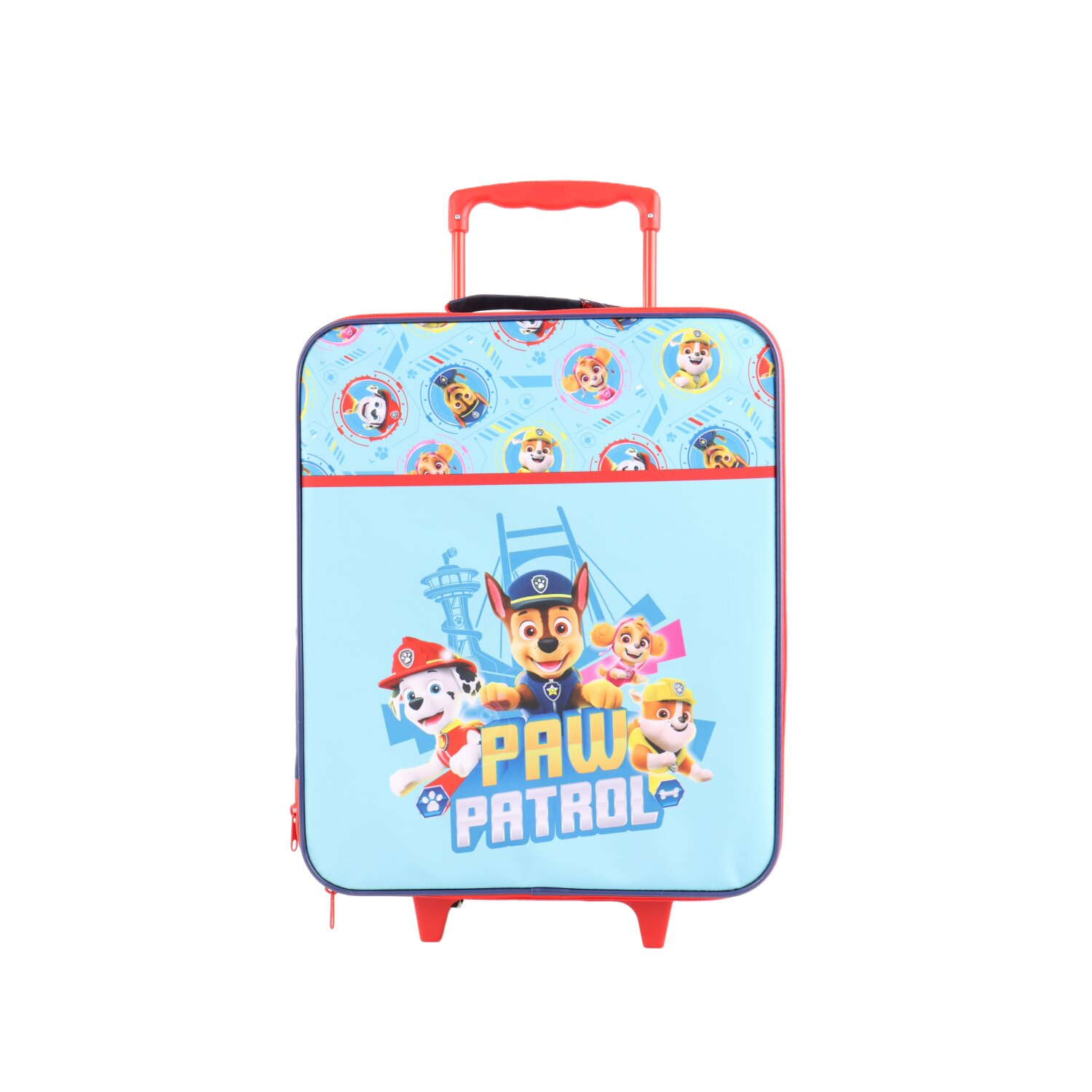 Blauer Paw Patrol Koffer mit Charakteren und rotem Griff.