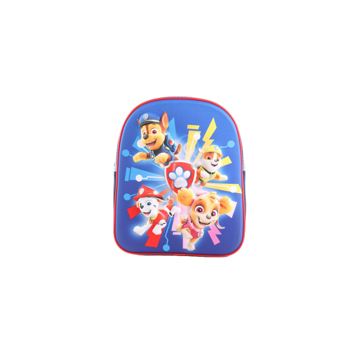 Blauer Rucksack mit Paw Patrol-Charakteren. Vier Hunde in Action-Pose.
