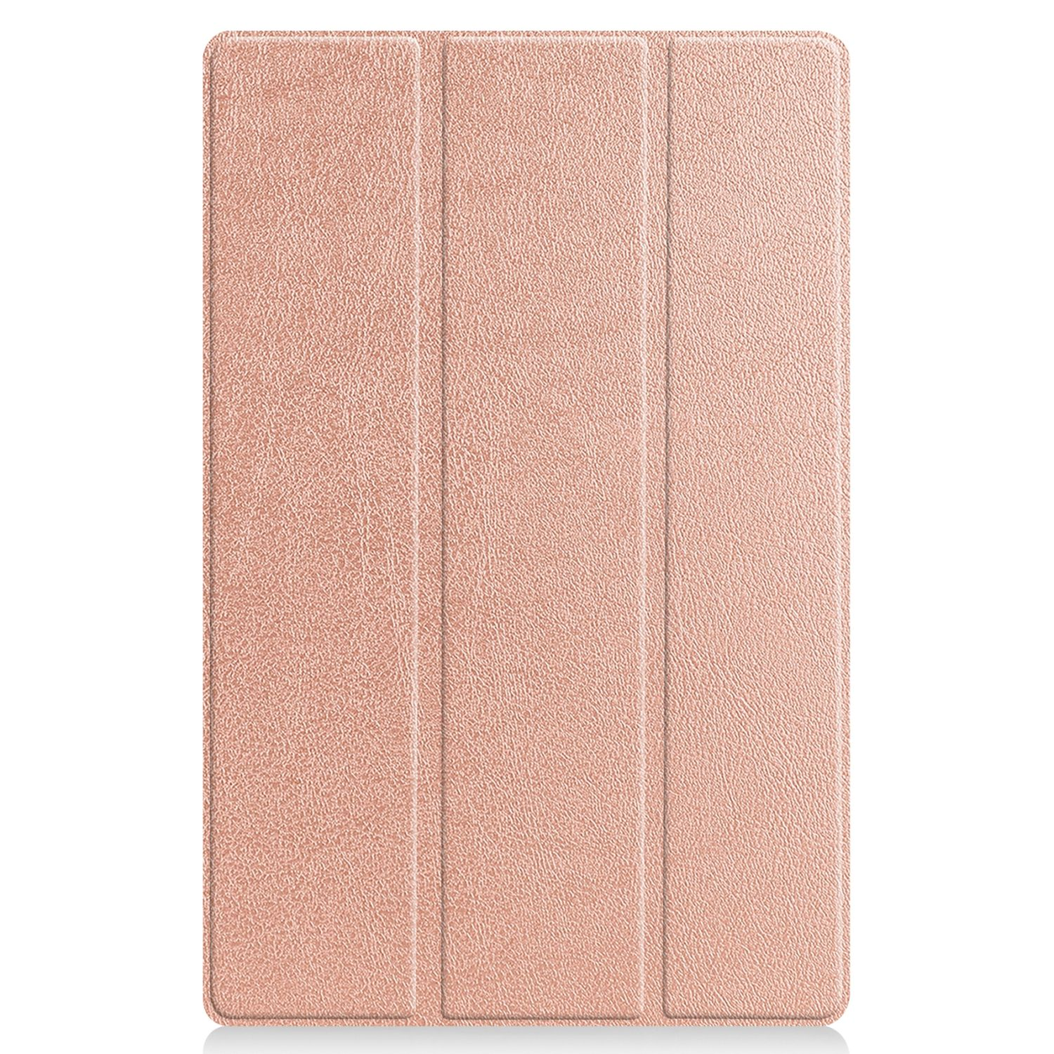 Eine roségoldfarbene, strukturierte Tablet-Hülle, geschlossen. Sie hat eine lederartige Optik.