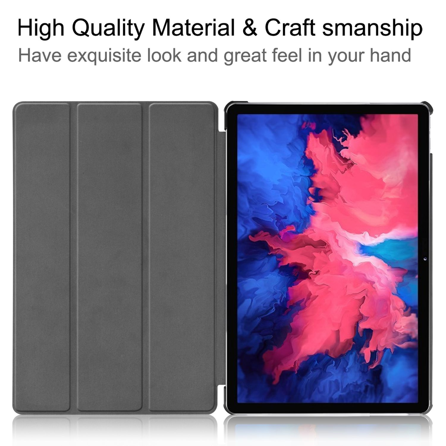 Graue Tablethülle offen mit Tablet. Die Innenseite zeigt bunte abstrakte Kunst.