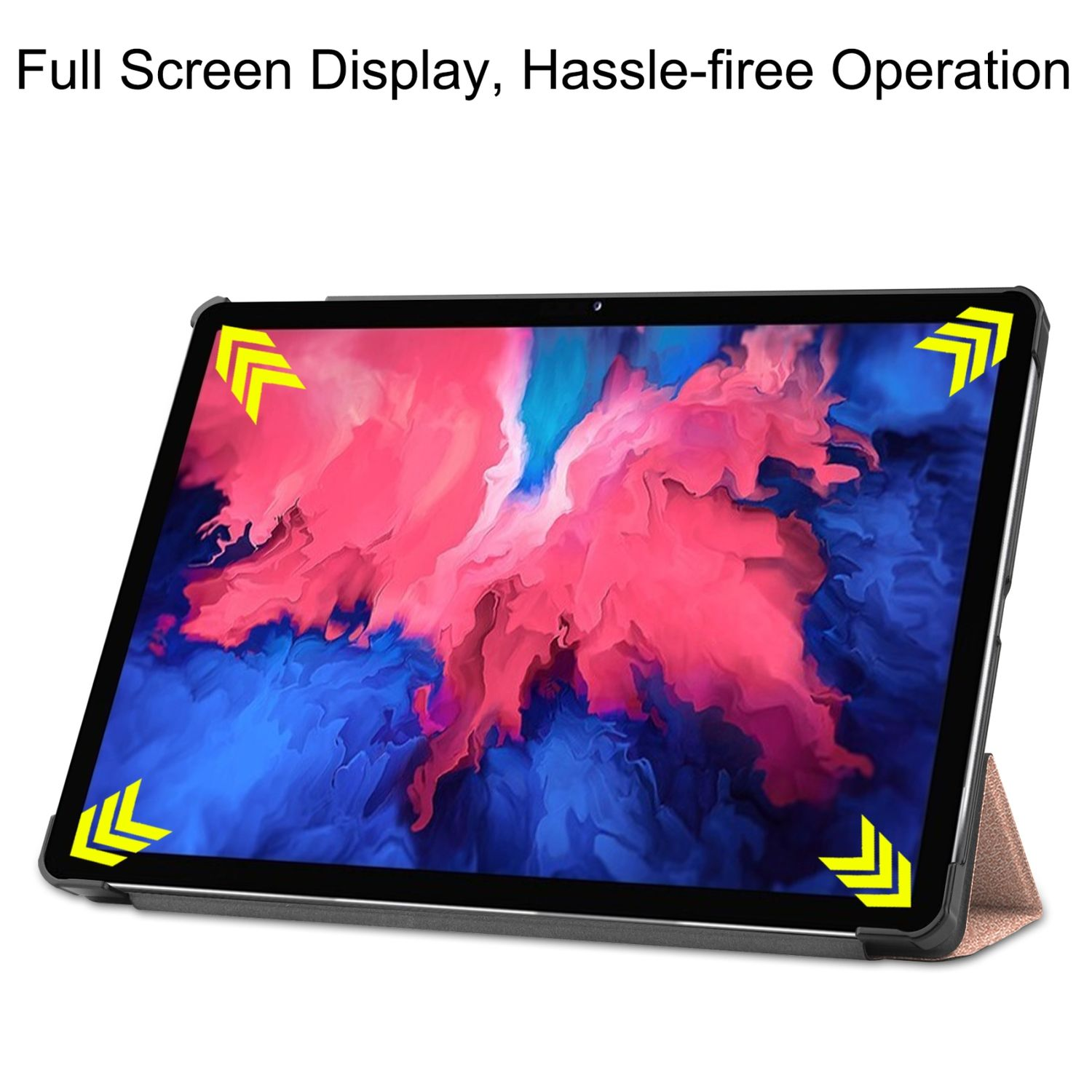 Tablet in Hülle mit Bildschirm, der bunte abstrakte Kunst zeigt. Text: Full Screen Display, Hassle-free Operation.