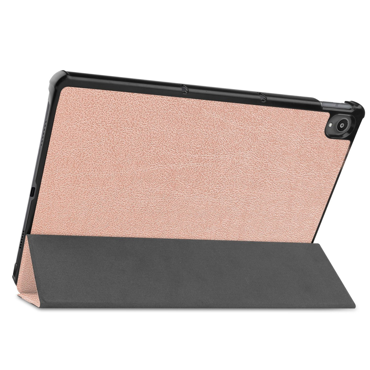 Rosa Tablet-Hülle, offen, aufgestellt. Tablet sichtbar, Bildschirm zeigend. Schwarzer Rahmen.