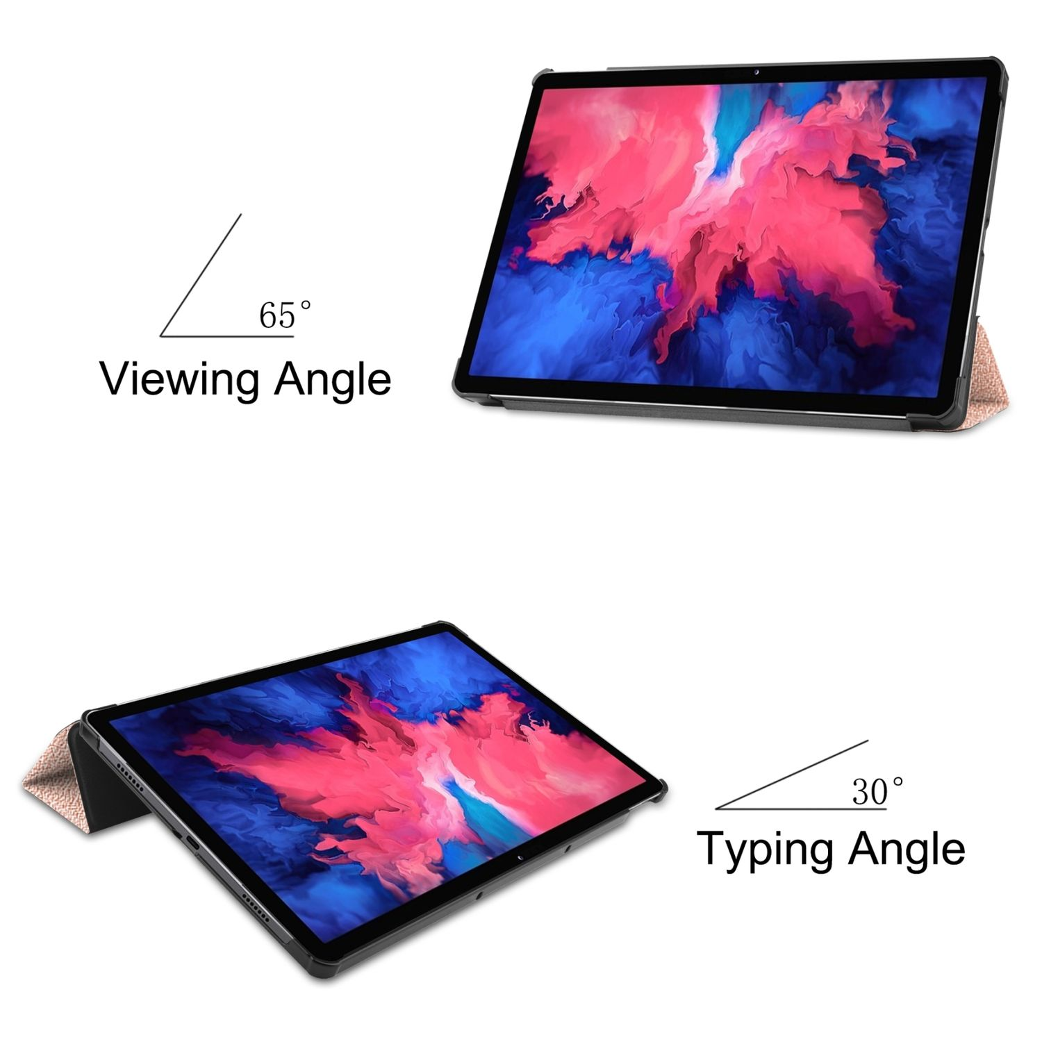 Zwei Tablets mit Hüllen, eines in einem 65-Grad-Winkel, ein anderes in einem 30-Grad-Winkel zum Tippen.