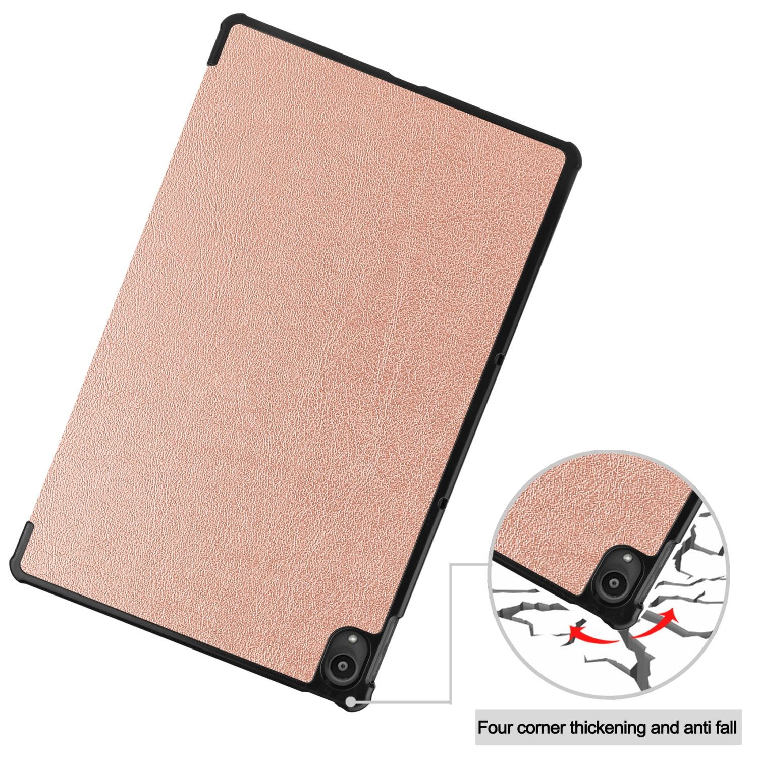 Tablet-Hülle in Pfirsichfarbe. Nahaufnahme der Hülle und Ecke mit Text: 'Vier Eckverdickungen'.