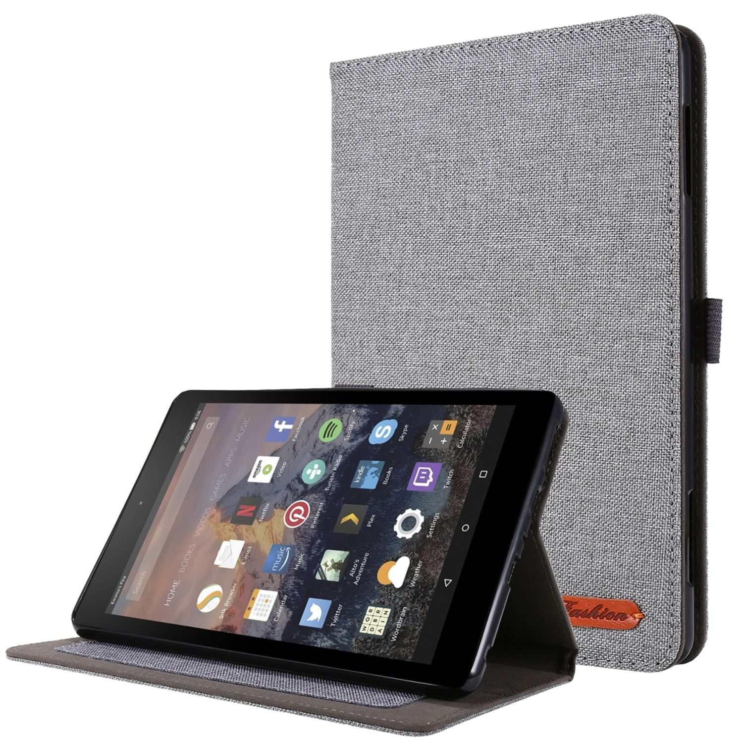Tablet in grauem Gehäuse, geöffnet. Das Gehäuse hat eine Standfunktion. Das Tablet zeigt Apps.
