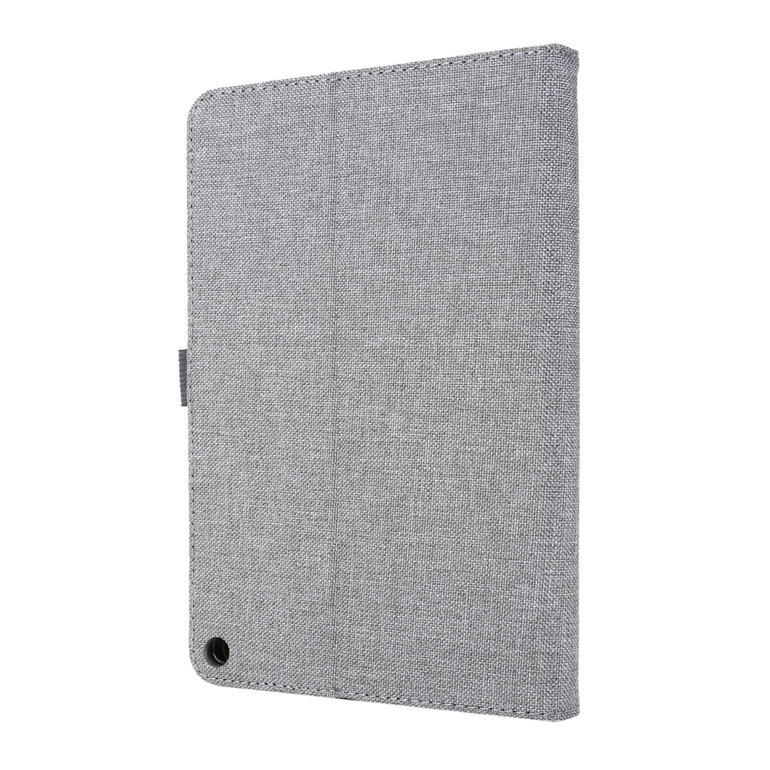 Tablet in einer grauen Stoffhülle, zeigt die Rückseite der Hülle und ein Loch für die Kamera.