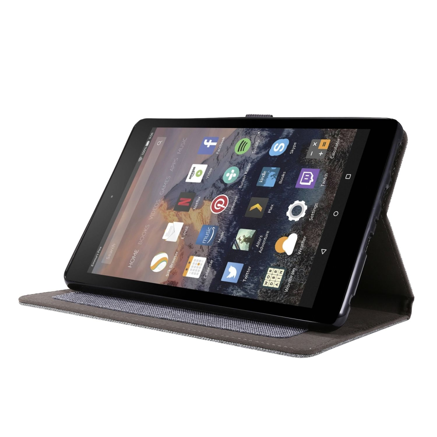 Ein Tablet in einer grauen Hülle, Bildschirm zeigt Icons, in leicht angewinkelter Ansicht auf einer Oberfläche.