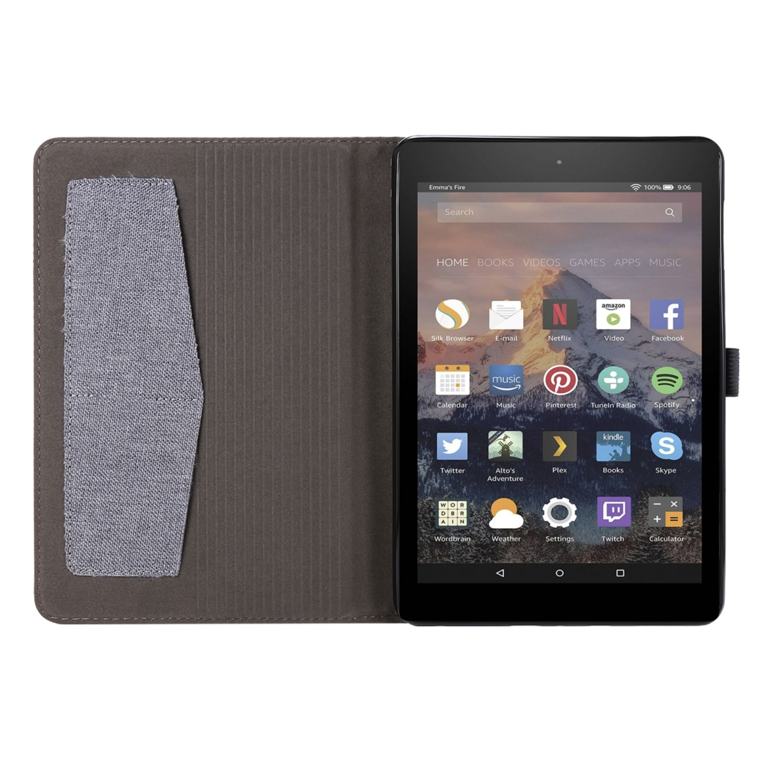Tablet in einer dunkelbraunen Hülle mit einer grauen Stofftasche. Tablet zeigt App-Symbole.