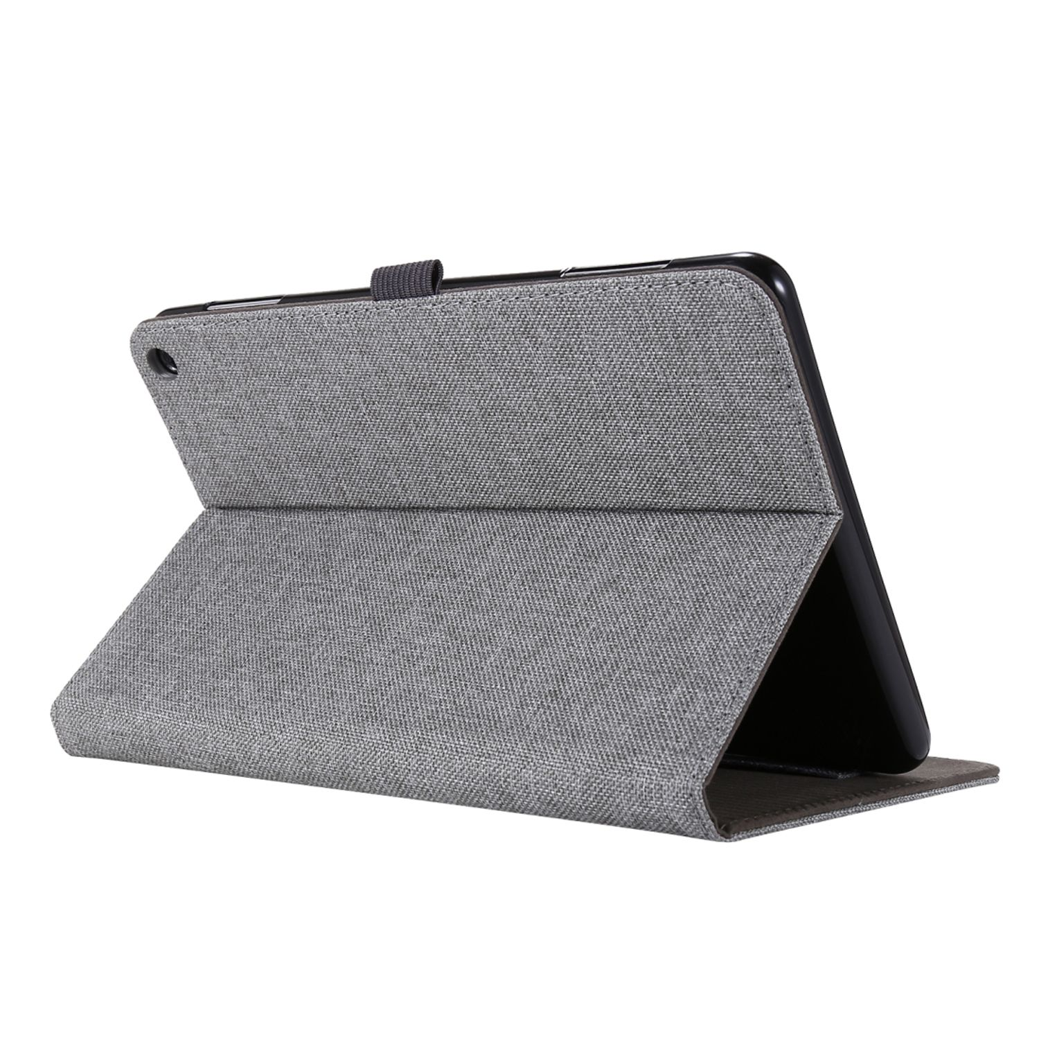 Eine graue Tablethülle, offen, mit einem Tablet darin. Die Hülle befindet sich auf weißem Hintergrund.