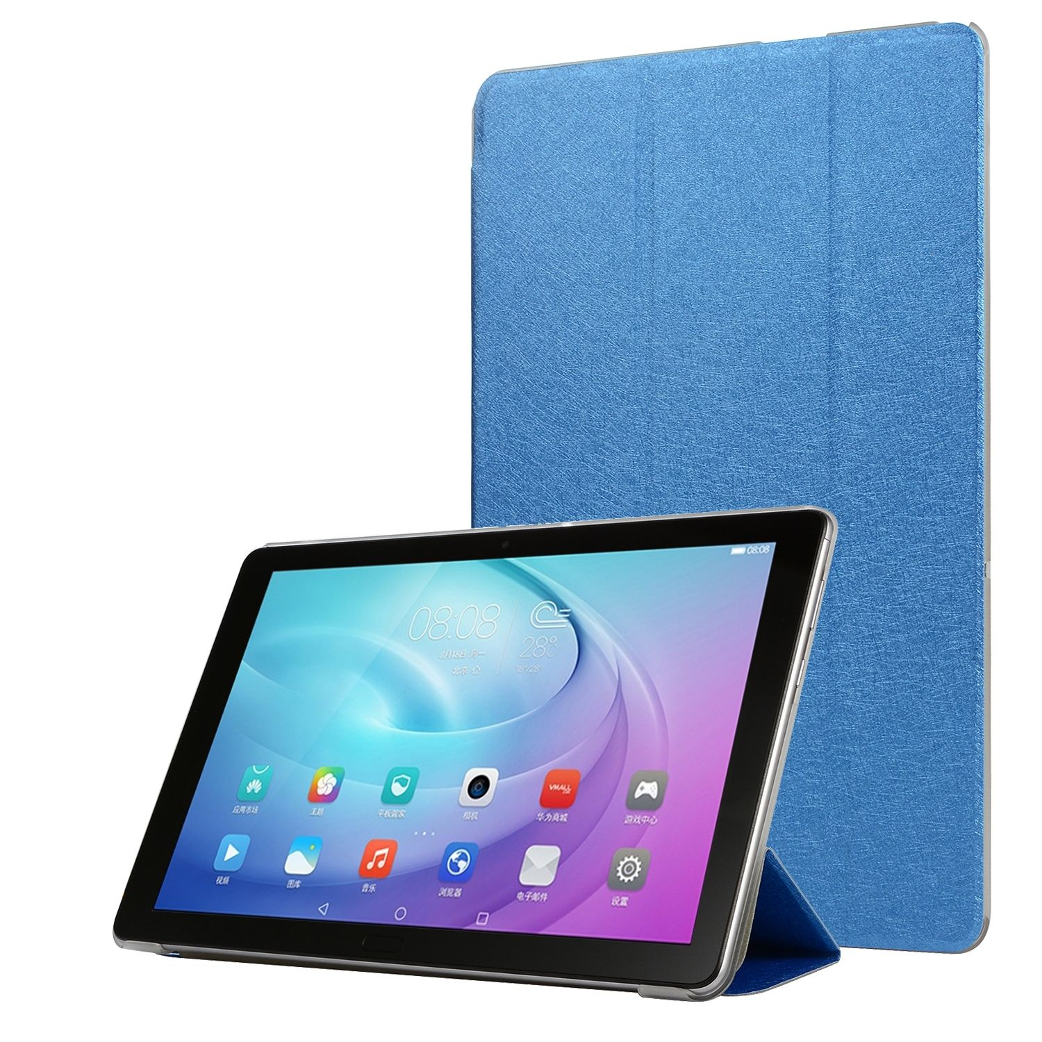 Blaue Tablethülle mit offenem Tablet. Tablet steht auf einem Ständer. Weißer Hintergrund.