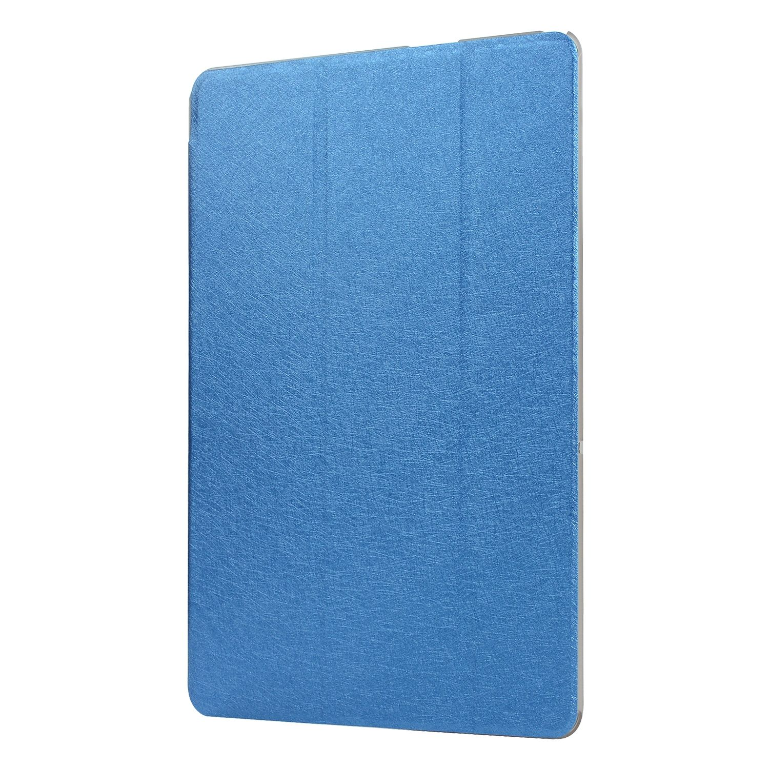 Eine blaue Tablethülle mit strukturierter Oberfläche und geschlossenem Deckel.