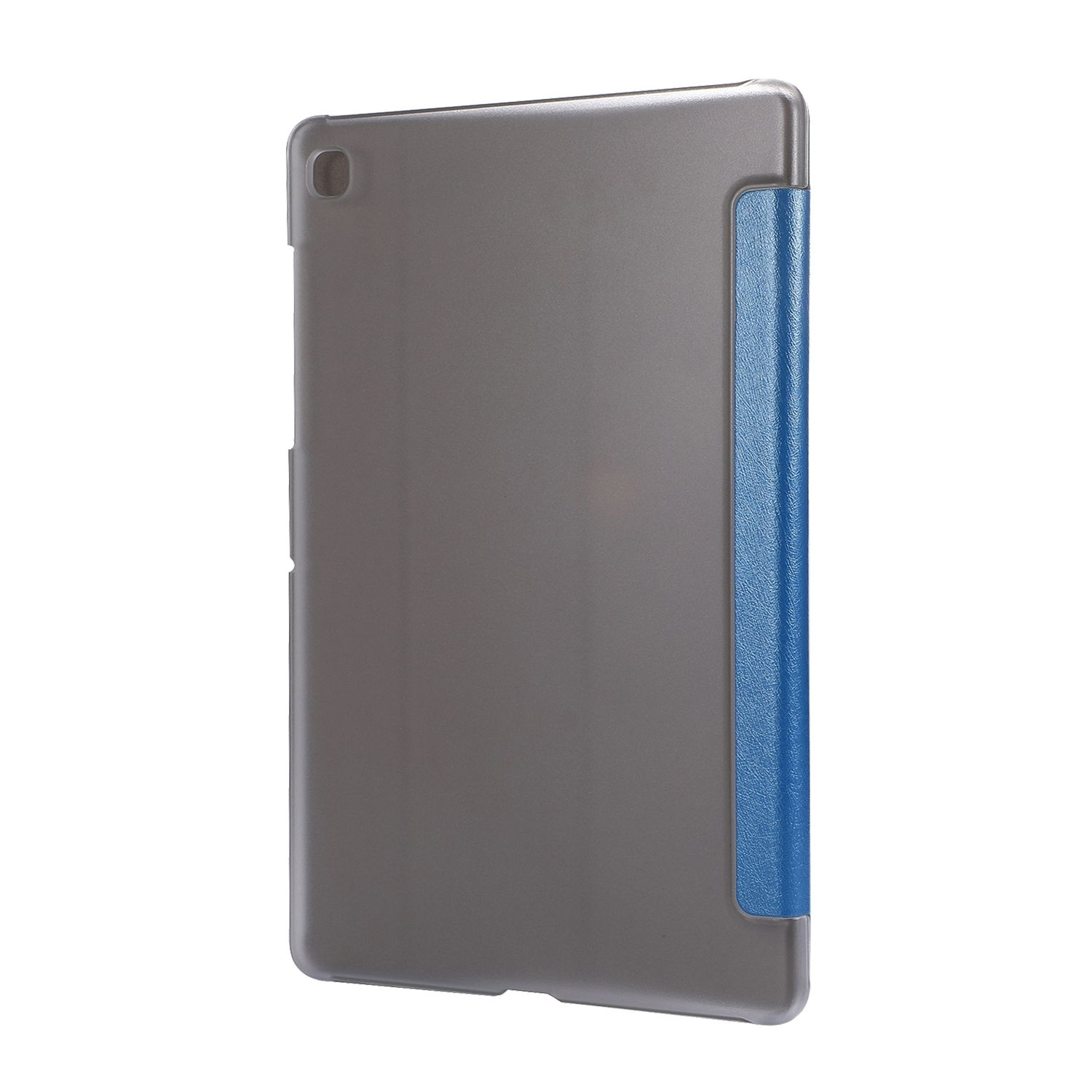 Tablet-Hülle, graue Rückseite und blaue Seite. Zeigt einen geschlossenen Deckel. Die blaue Seite bietet Kontrast.