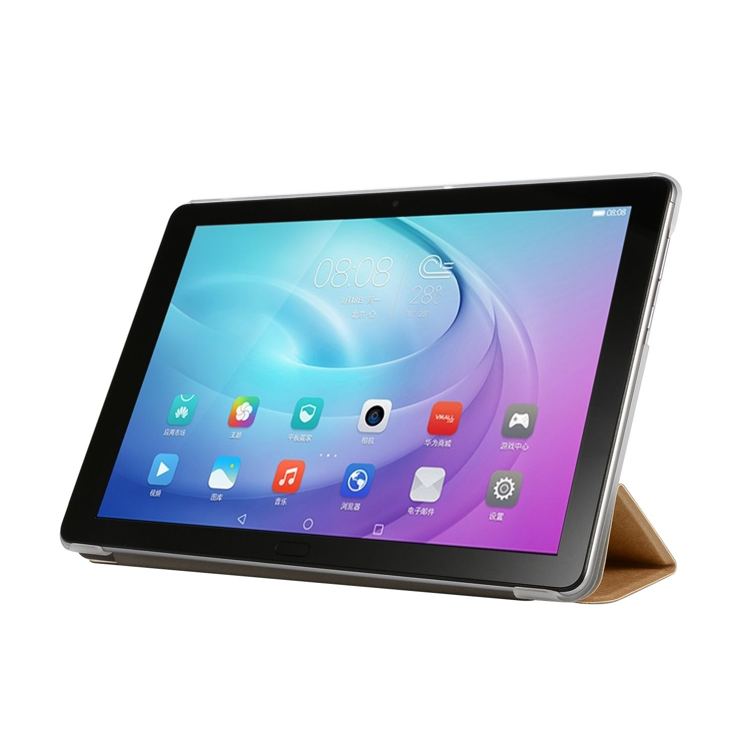 Ein Tablet auf einem Ständer, das einen Startbildschirm mit App-Symbolen anzeigt. Der Bildschirm ist beleuchtet.