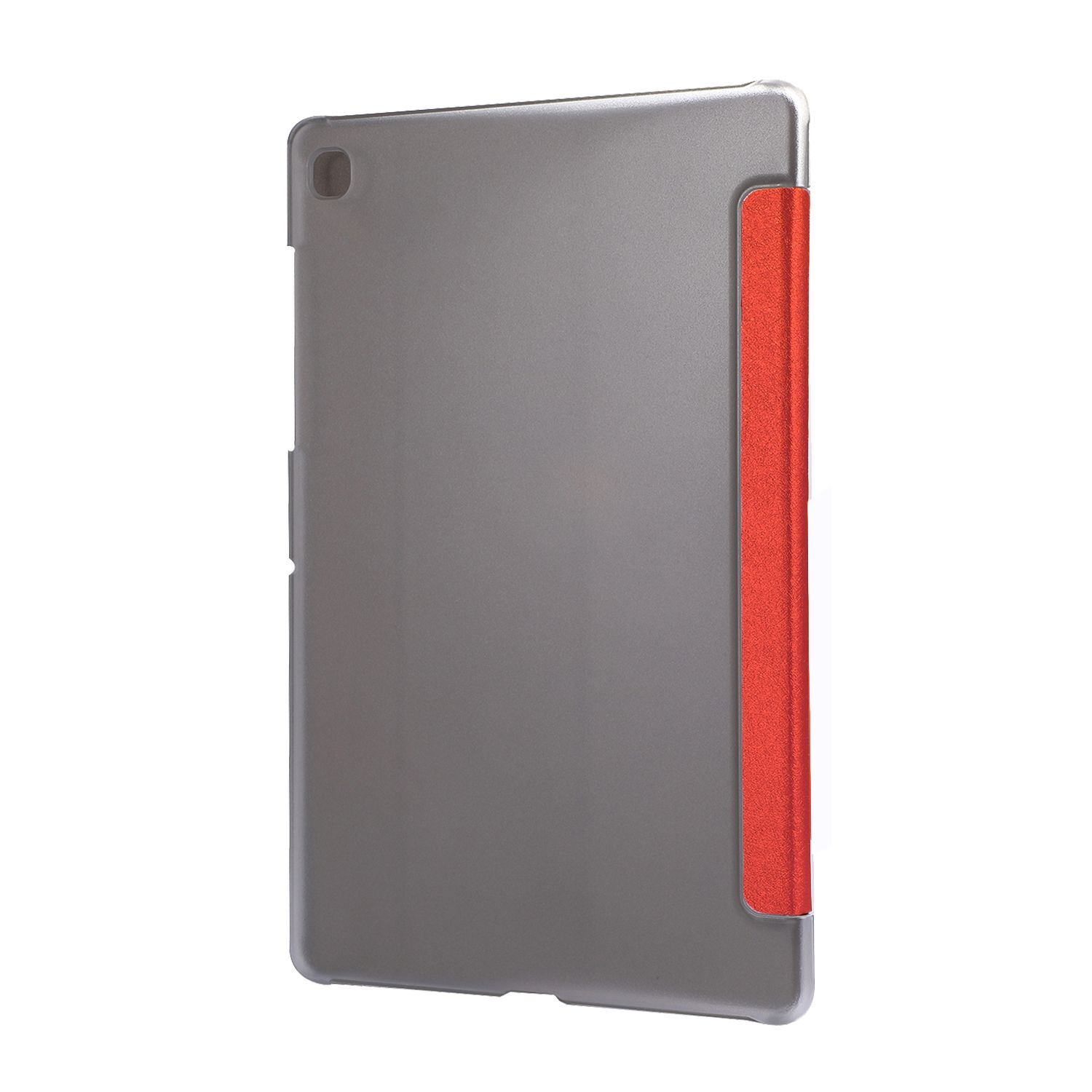 Tablet in einem grauen Case, Seitenansicht. Roter Streifen an der Seite. Weißer Hintergrund.