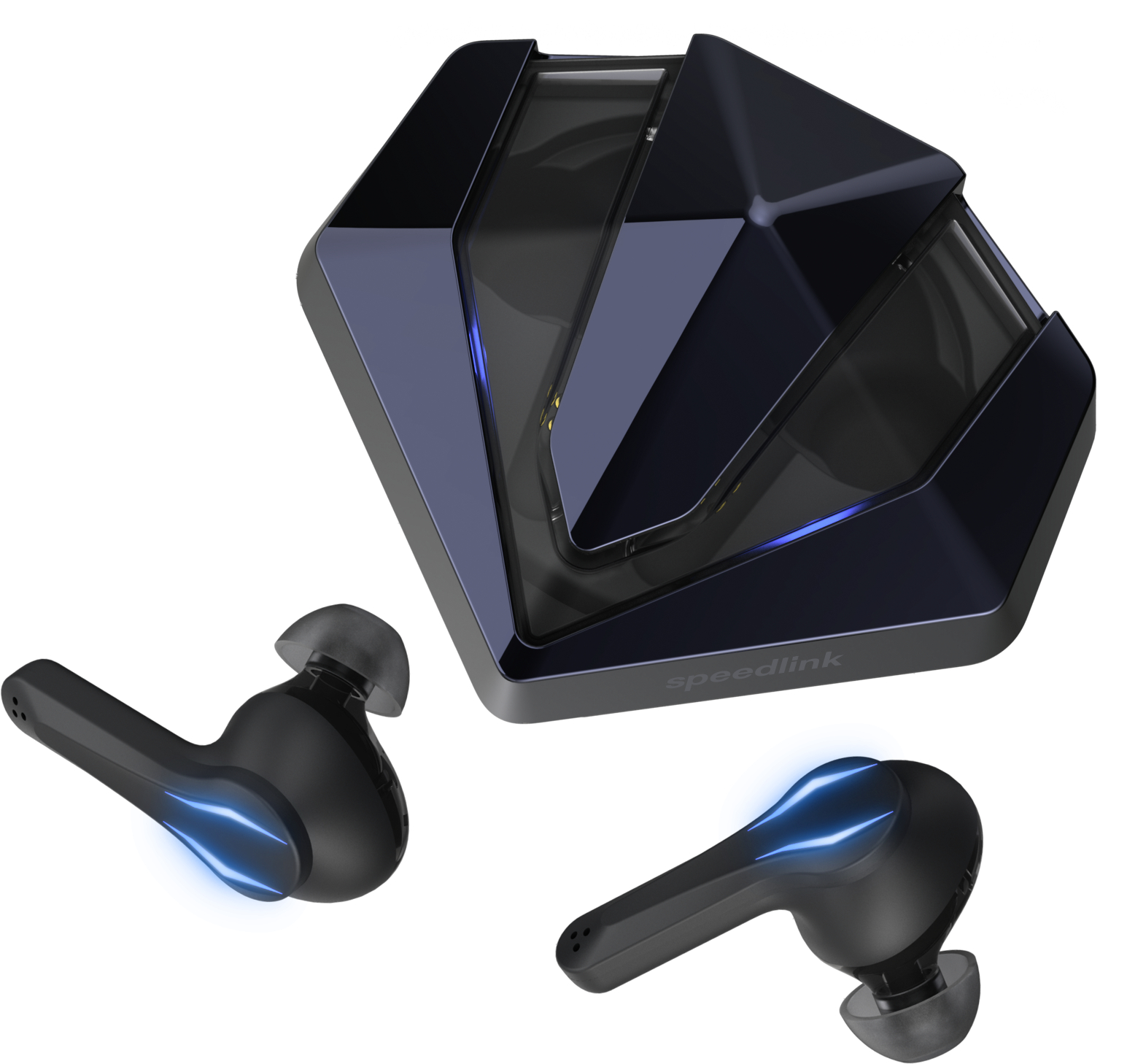 Czarne bezprzewodowe słuchawki i etui ładujące z niebieskimi akcentami świetlnymi, na białym tle.