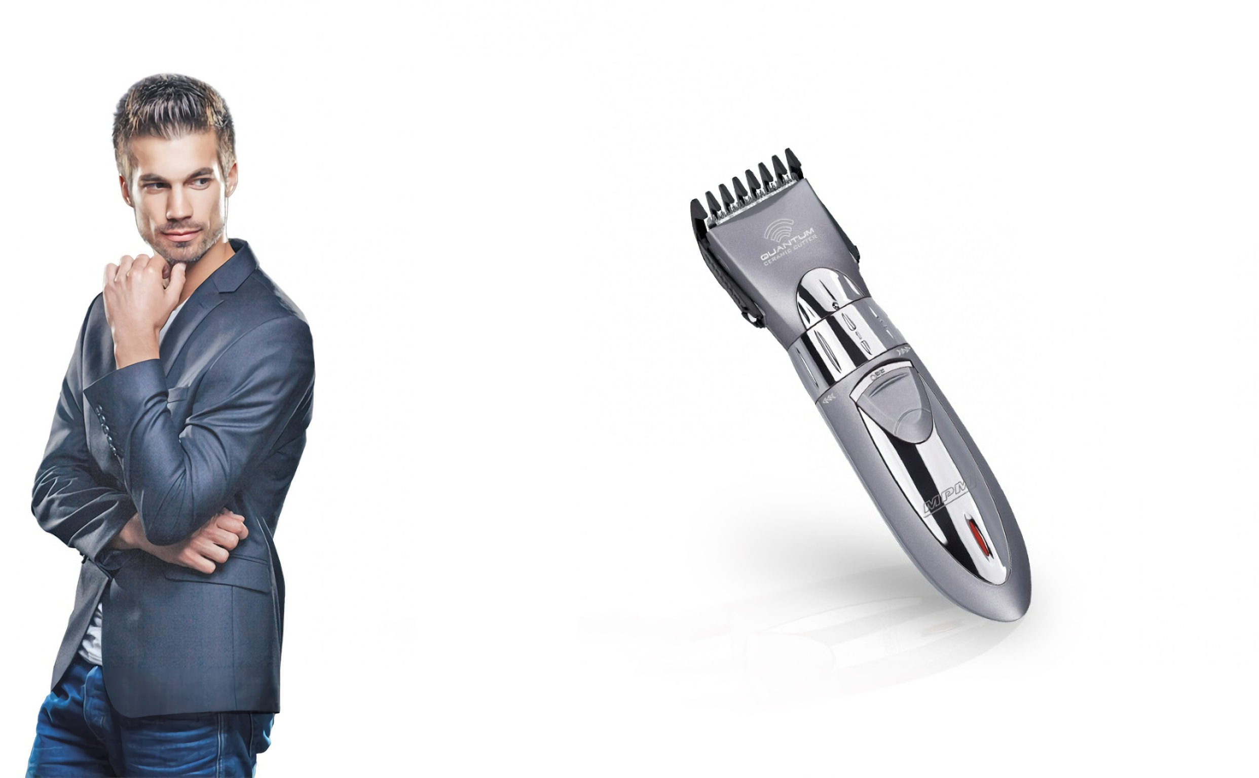 Un hombre con traje está junto a una recortadora de barba. La recortadora es gris y plateada.