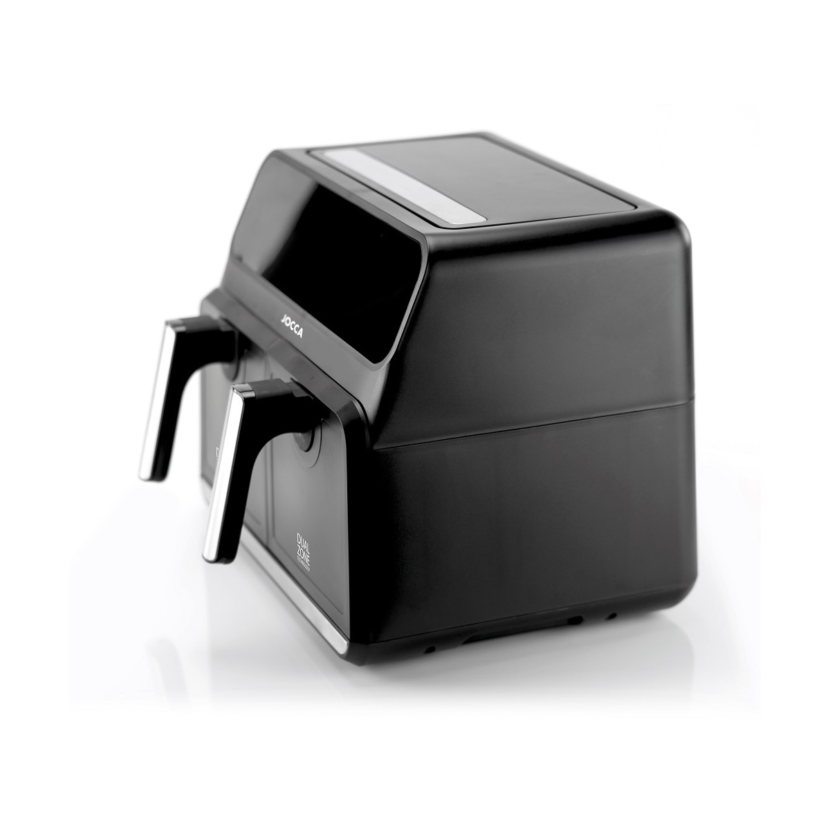 Czarna frytownica powietrzna z dwoma uchwytami i panelem dotykowym na białej powierzchni.