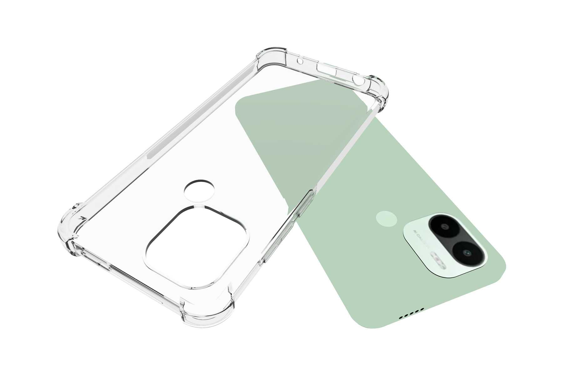 Transparente Handyhülle mit grünem Telefon. Die Hülle ist angewinkelt, um Details zu zeigen.