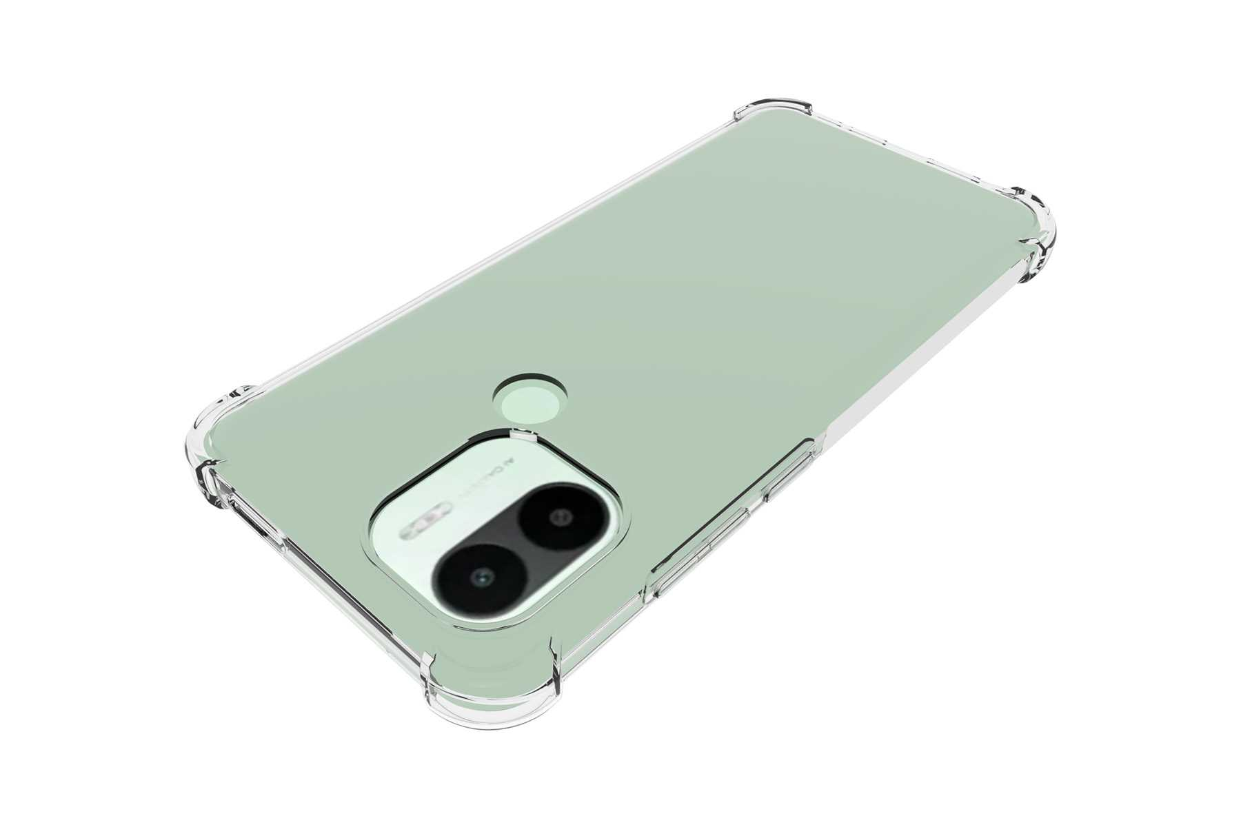 Eine Handyhülle aus transparentem Material, über einem grünen Telefon. Die Kamera ist sichtbar.