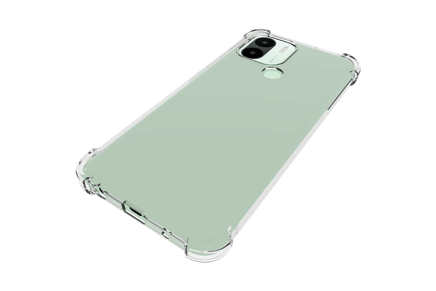 Transparente Handyhülle auf einem grünen Telefon. Die Hülle hat transparente Ränder und schützt die Kamera.