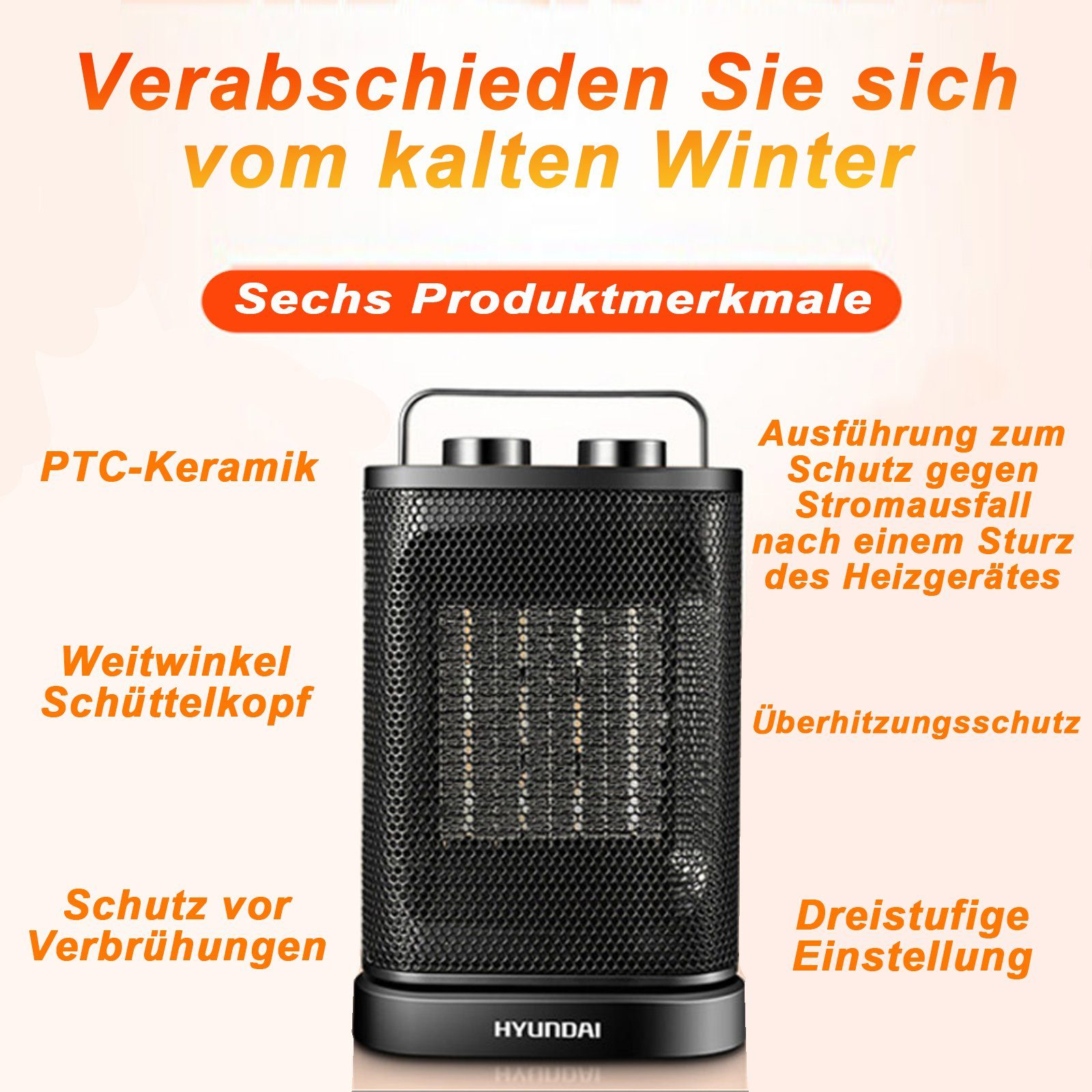 Schwarzer Hyundai-Heizlüfter mit Funktionen: PTC-Keramik, Weitwinkel, Überhitzungsschutz.