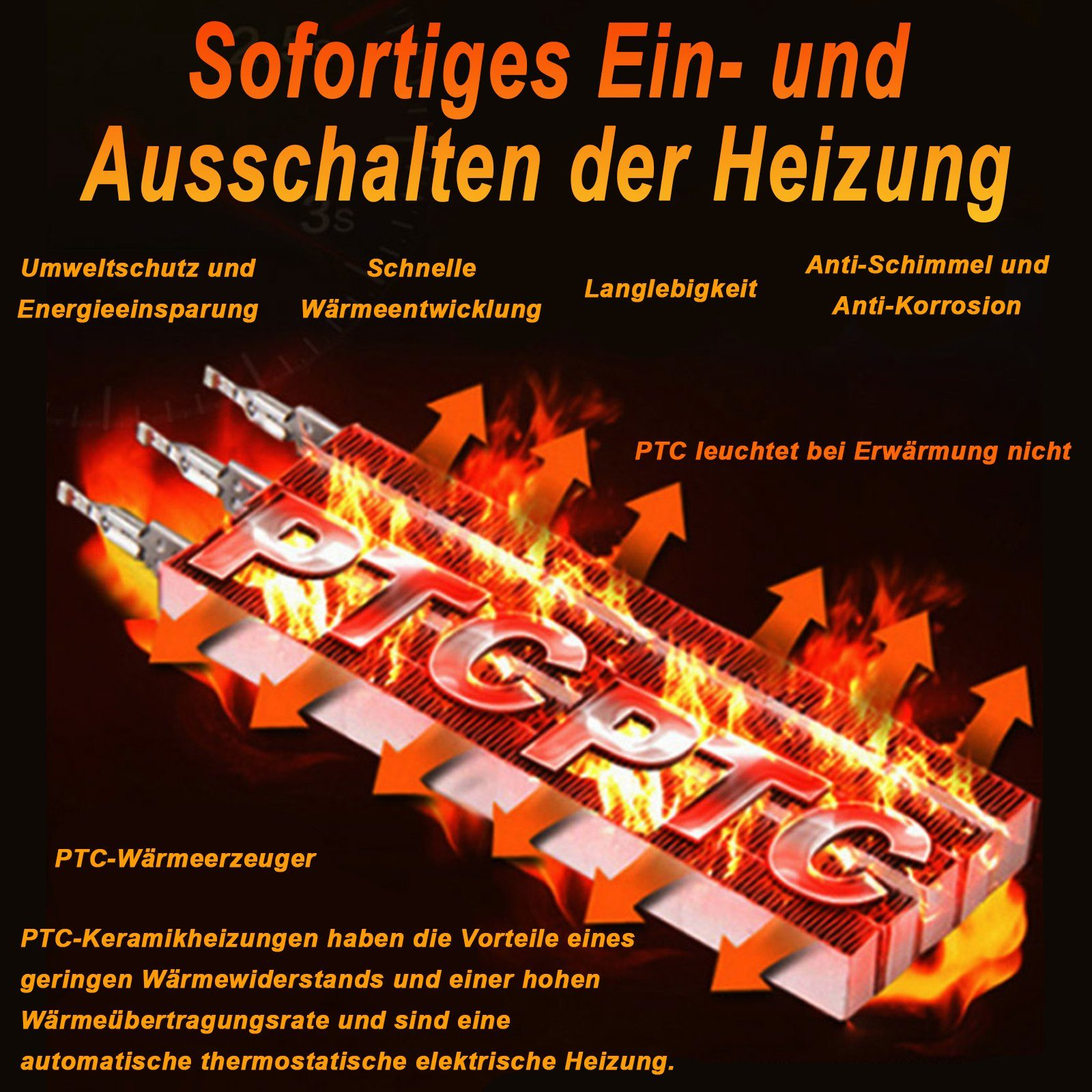 Bild mit Text zum Thema Heizen. In der Mitte sind drei rote Heizelemente zu sehen.
