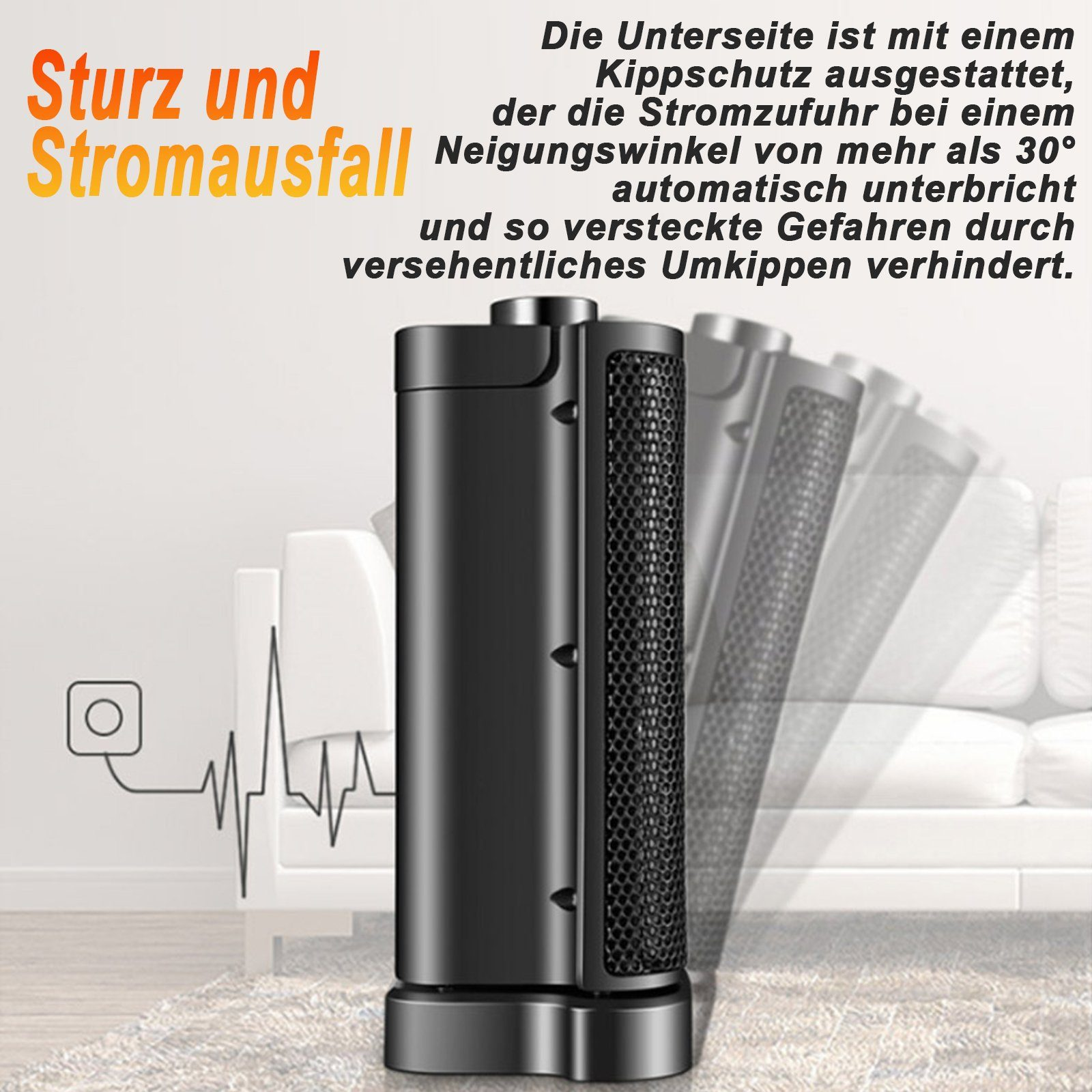 Ein schwarzer Heizlüfter auf einem Teppich mit Text über Sicherheitsmerkmale und Stromausfallschutz.