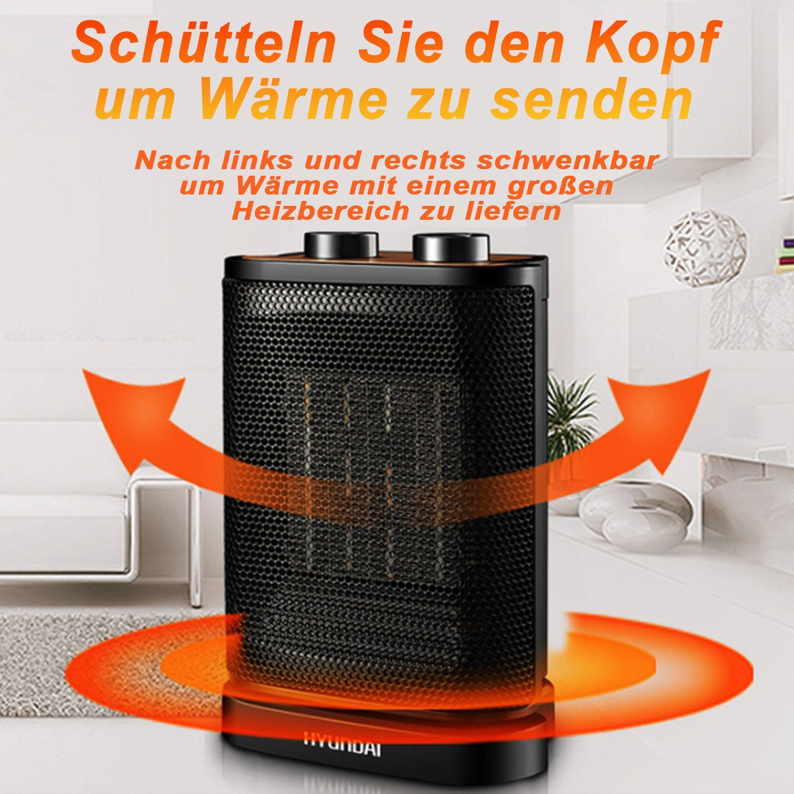 Schwarzer Elektroheizer mit Wabenmuster, Pfeile zeigen die Wärmeverteilung an.