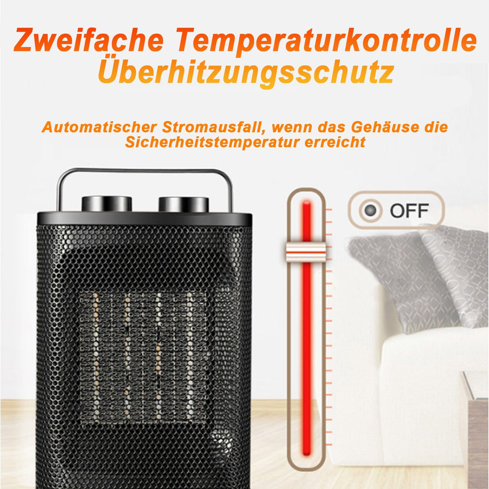 Schwarze Heizung mit Temperaturanzeige und Aus-Schalter. Text auf Deutsch.