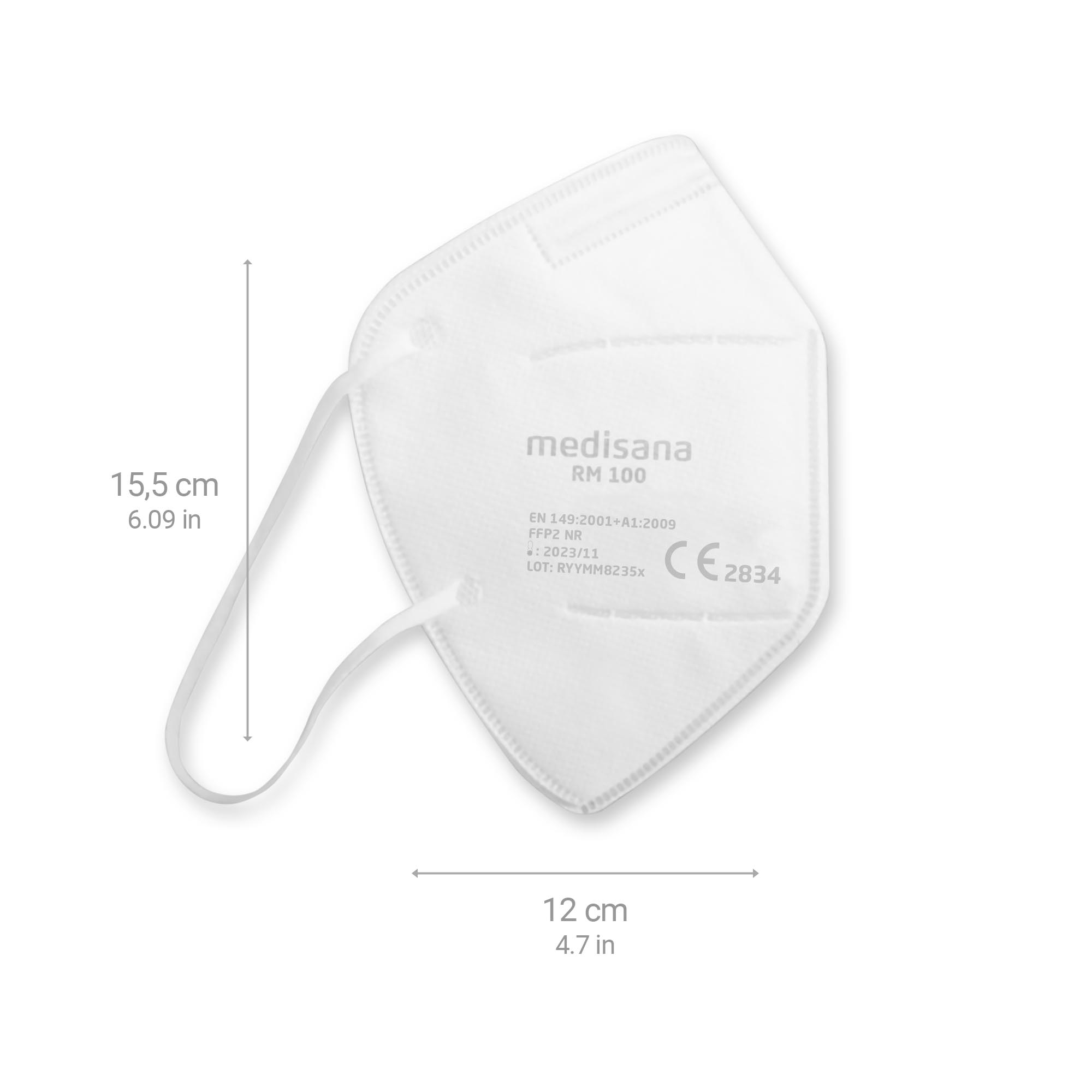 Mascarilla blanca con dimensiones anotadas. Tiene la marca 'medisana' y 'RM 100'.